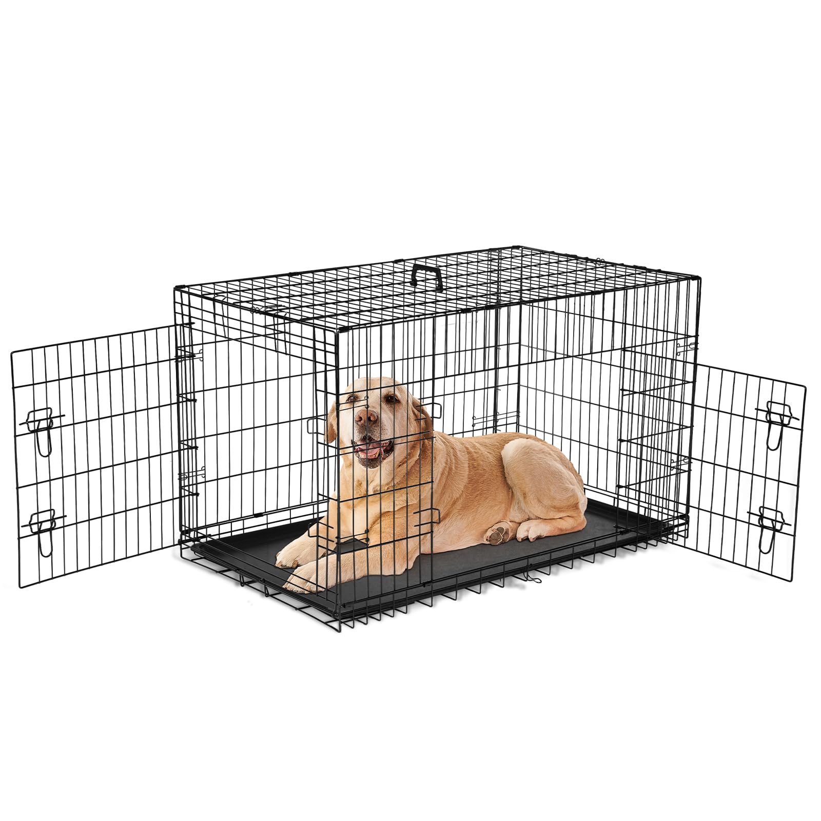 Sweetcrispy Dog Crate, 48 Inch Double Door Folding Metal Wire Dog Cage with Plastic Leak-Proof Pan Tray, Extra Large Pet Kennel for Indoor, Outdoor,