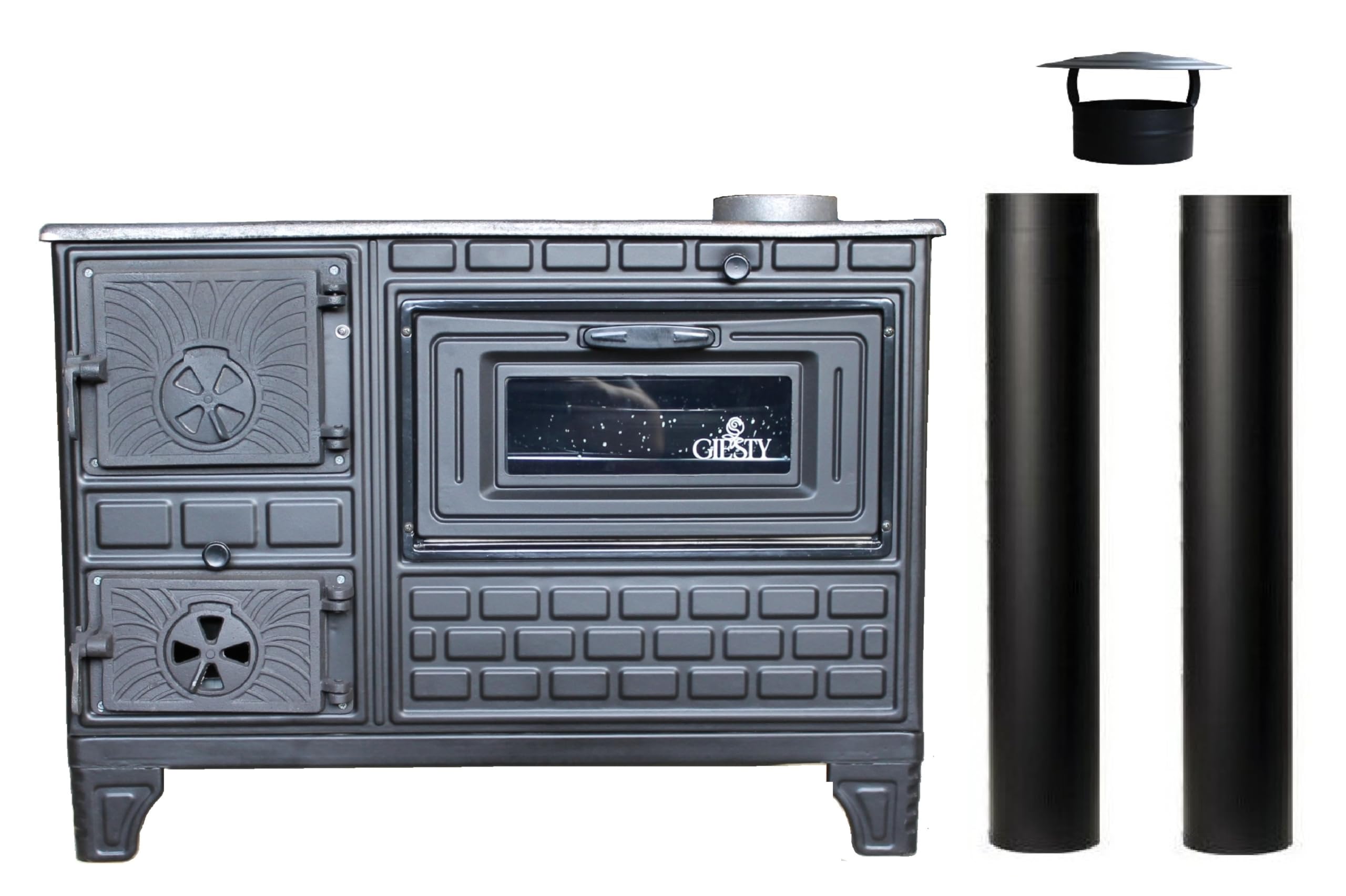 Cuisinière d'extérieur avec plaque en fonte – four de terrasse, cheminée de jardin, four à pizza et poêle à bois pour l’extérieur (Porte en fonte + 2 Tuyaux)