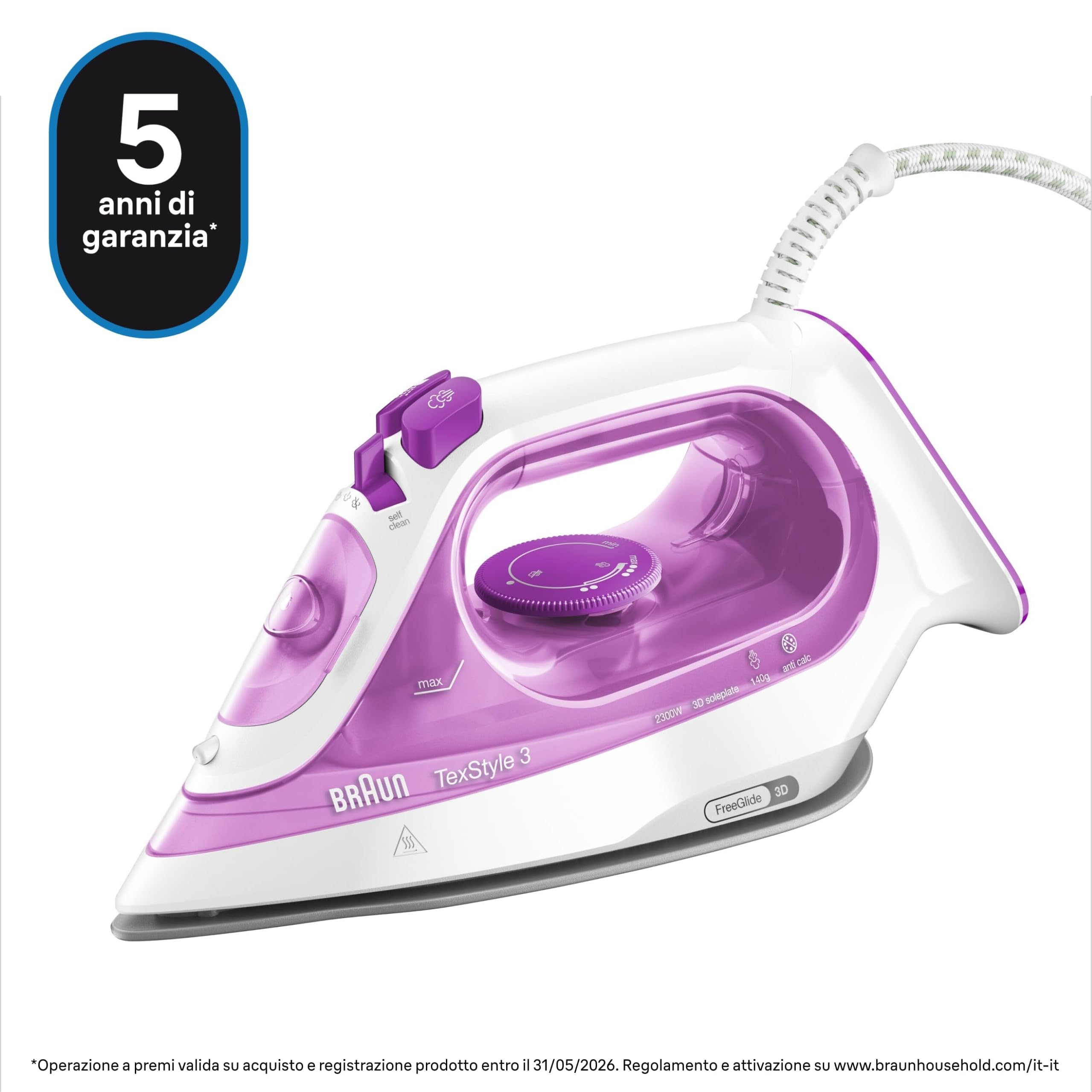 Braun TexStyle3 SI3030PU Ferro da Stiro a Vapore con 5 Anni di Assistenza, Piastra in Ceramica, Stiratura in Verticale, Punta di Precisione, Getto di Vapore 140g/min, Potenza 2300watt, Rosa Chiaro