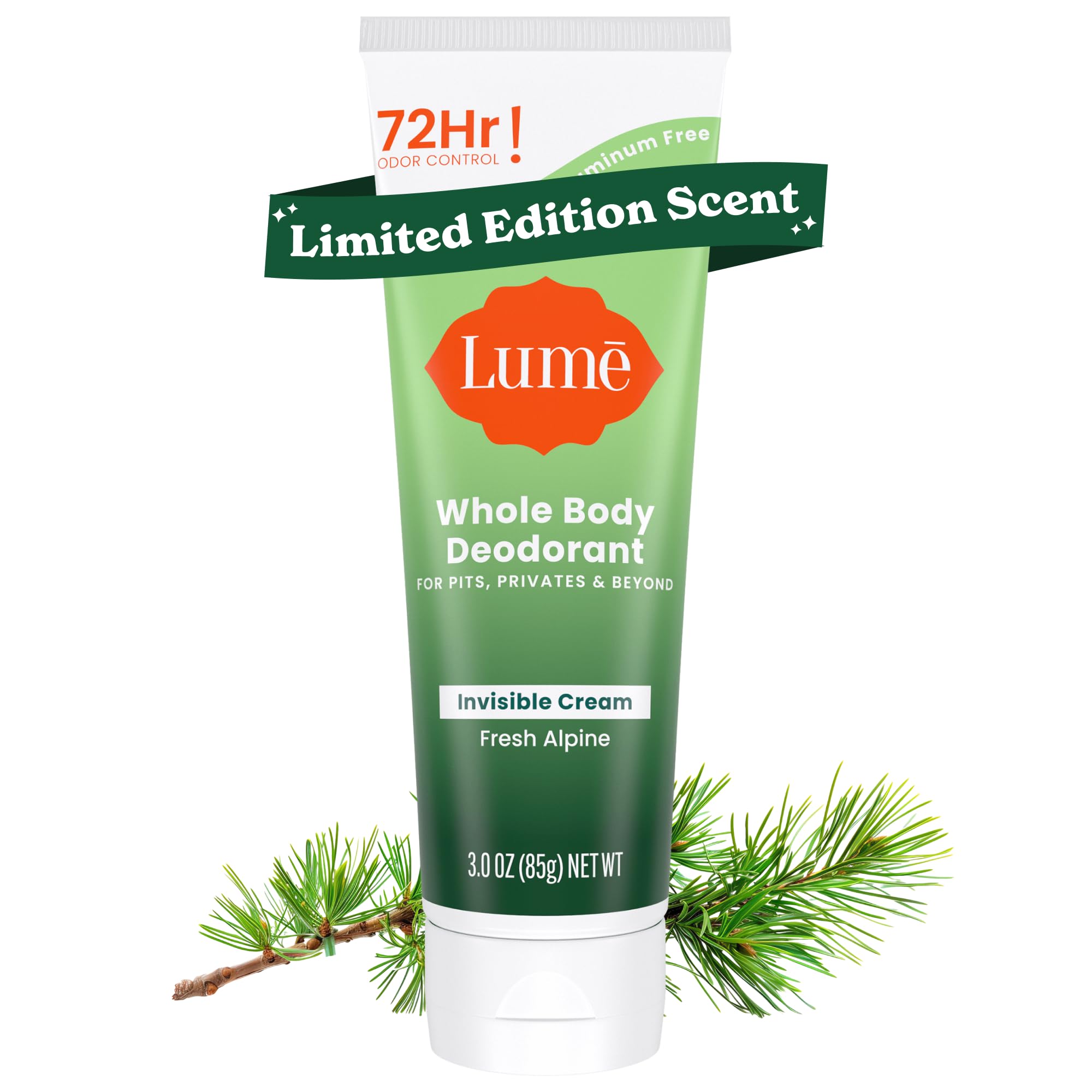 Lume Whole Body Deodorant - Invisible Cream Tube - 72 Hour Odor Control - Aluminum Free, Baking Soda Free, Skin Safe - 3.0 ounce (Fresh Alpine)