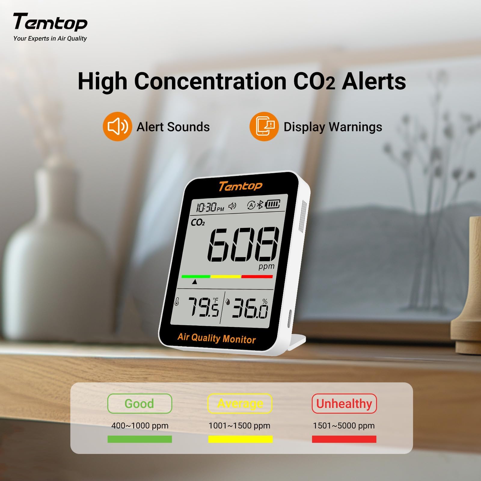 Temtop Monitor CO2 Wewnętrzny monitor jakości powietrza z łącznością BLE App, przenośny miernik CO2, temperatura, wilgotność powietrza do domu, biura lub szkoły C1+