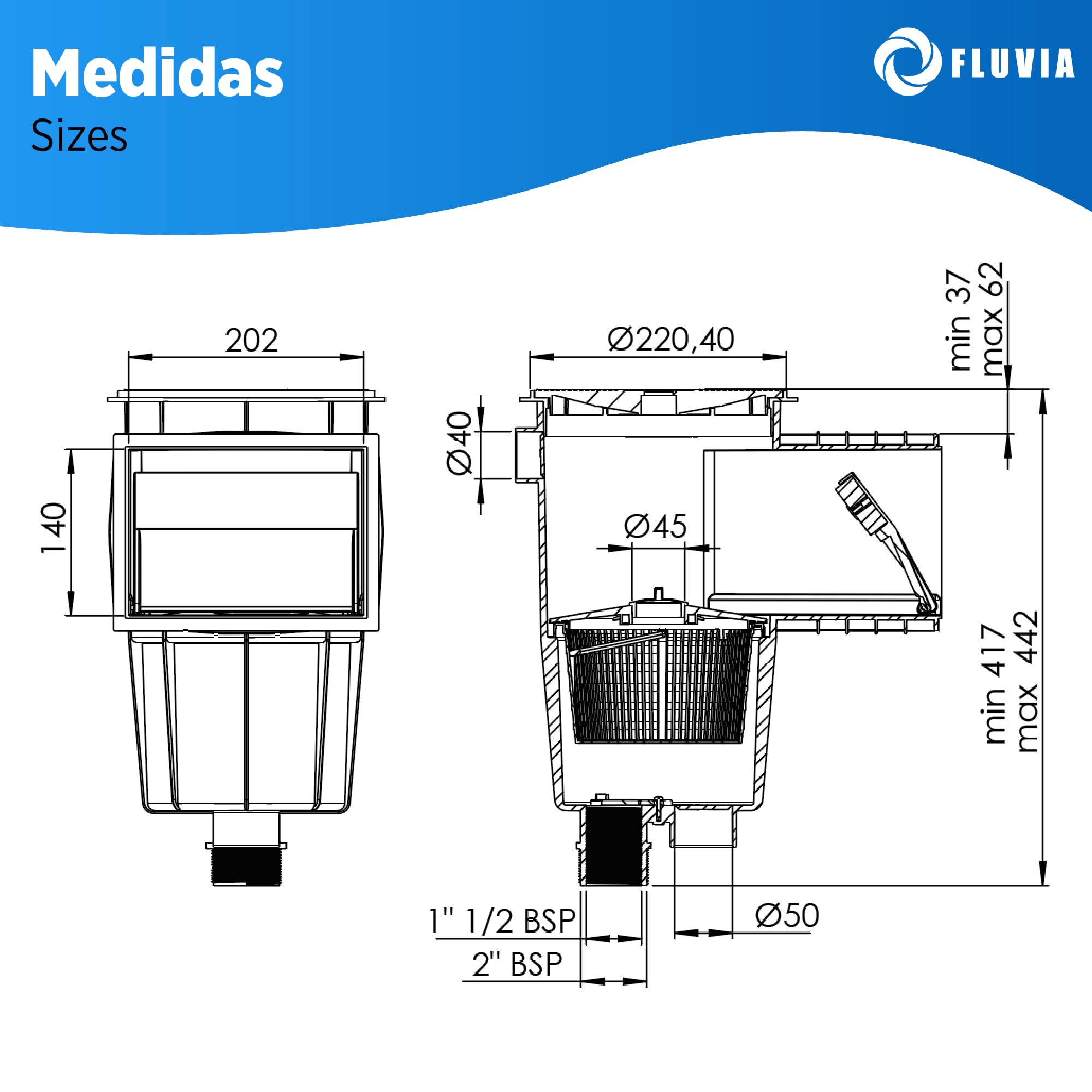 FLUVIA Skimmer Tapa Cuadrada Piscina Hormigon 15L con Cestillo Recogehojas de Gran Capacidad y Compuerta Flotante con ABS Blanco Resistente UV y Conexion Universal para Piscinas