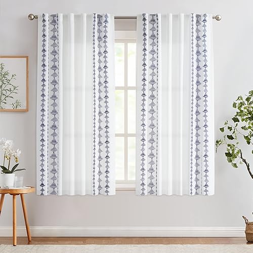 jinchan Boho Curtains White Curtains with Blue Bordered Embroidery 63 Inch Length Living Room Curtains Privacy Rod Pocket Light Filtering Modern Drapes Bedroom Window Curtain Set 2 Panels