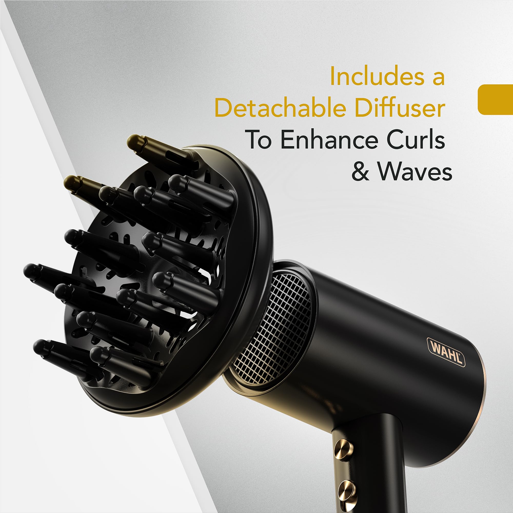 WAHL Ionic Flow Hairdryer, séchage professionnel, sans frisottis, puissant, léger, jet d'air froid, concentration de chaleur, diffuseur, vitesse rapide, coiffage, compact, voyage