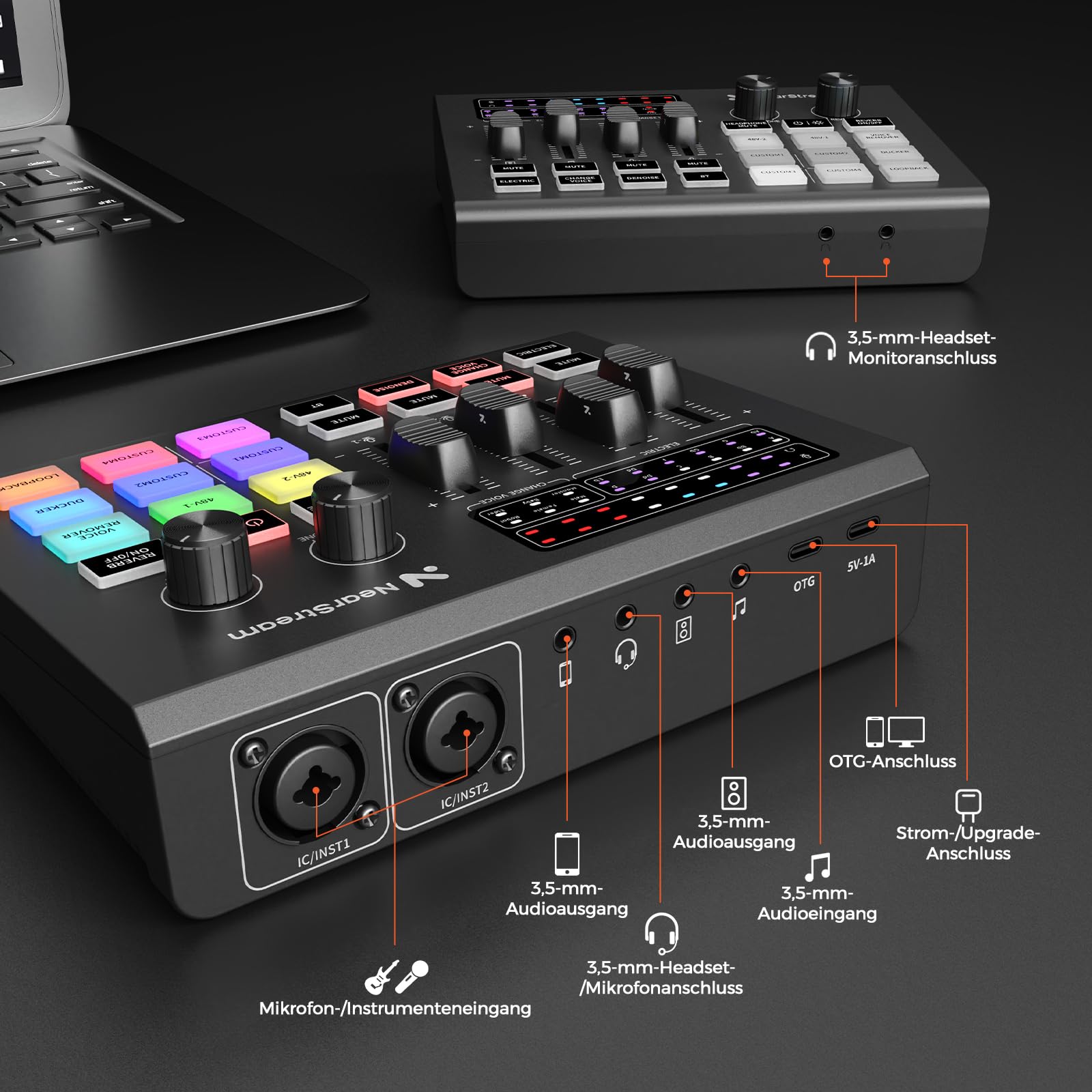 NearStream Mikser audio dla graczy z profesjonalnym przedwzmacniaczem mikrofonowym, dwoma wejściami XLR/6,35 mm, zasilanie fantomowe 48 V, RGB, zniekształcacz głosu, Soundpady – interfejs audio do