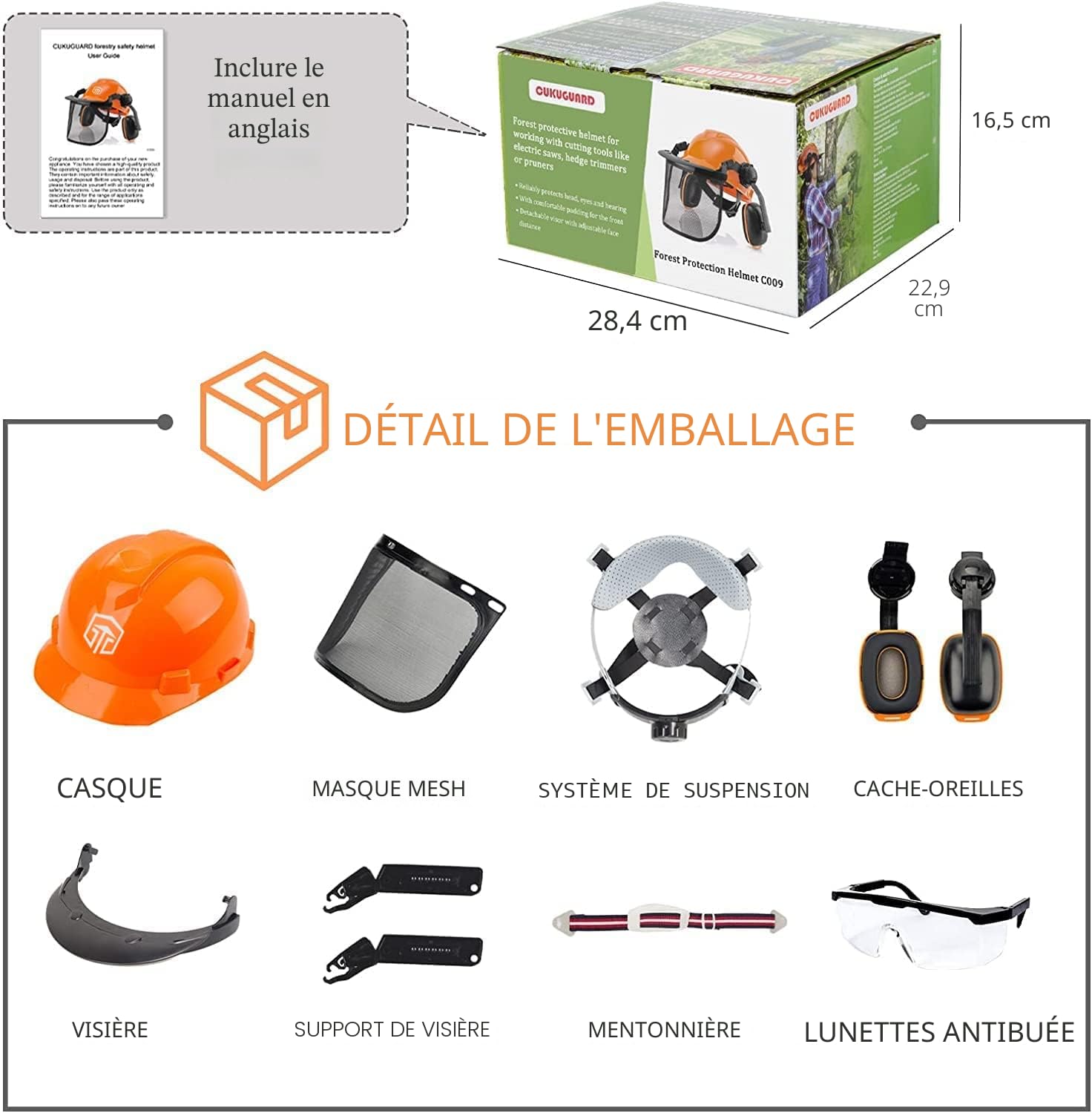 Casque de sécurité forestière industrielle - Système de protection auditive et faciale - Certifié CE EN397 - Casque professionnel forestier avec visière, cache-oreilles amovibles et visières CUKUGUARD