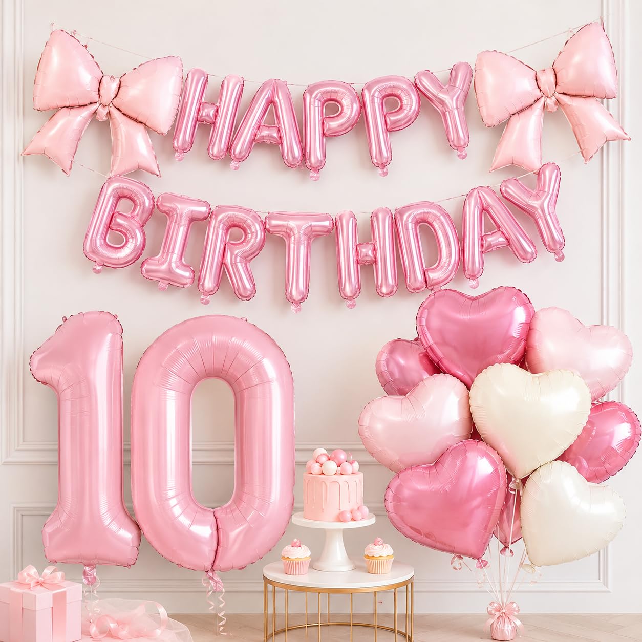 10th Happy Birthday Balloon for Girls, 25 Piece Pink Birthday Balloon Decorations Set with 32 Inch Number 10, Happy Birthday Letter Banner, Bow and Heart Balloons