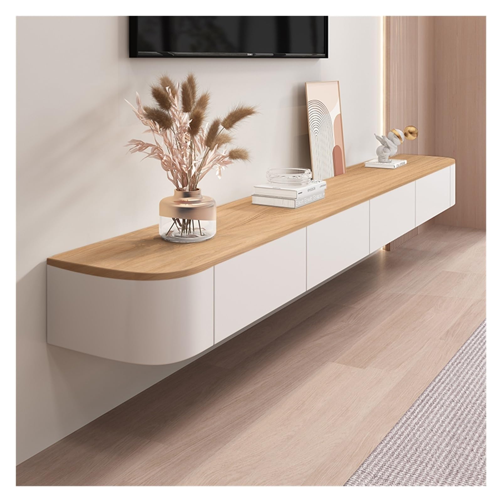 Mueble TV Suspendido,Montado En La Pared Armario De Almacenamiento con Puertas Consola De Entretenimiento Multimedia Armario De TV 120-300cm Esquina Redonda (White+Wood, 160cm)
