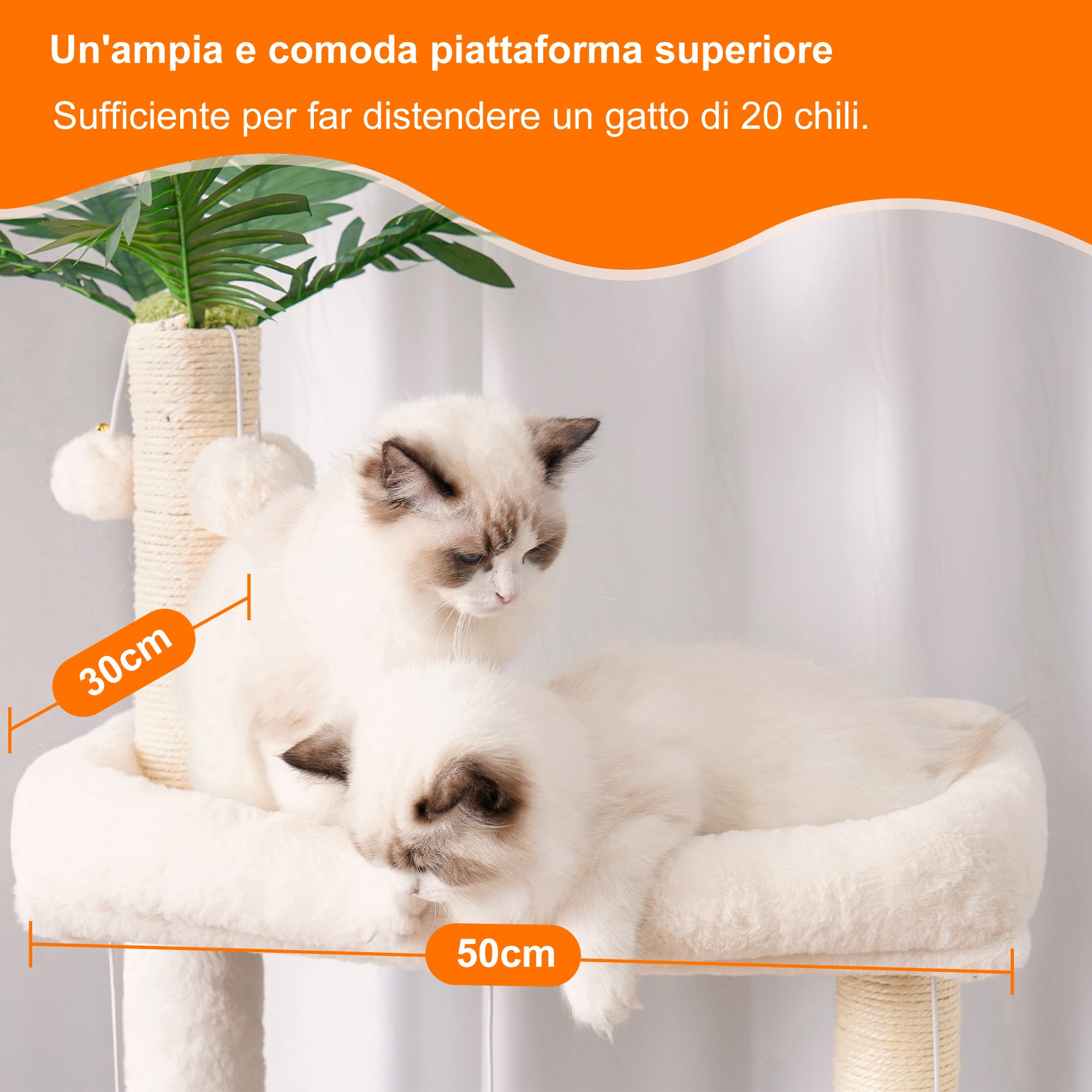 Heybly Albero per Gatti, Alto 156 cm Tiragraffi per Gatti Moderno, con 5 Pali Graffiatoi, 2 Posatoi, 1 Grotta, 1 Cesto, 1 Amaca, 3 Pompon, in Peluche a Più Livelli, Greige HCT120SG