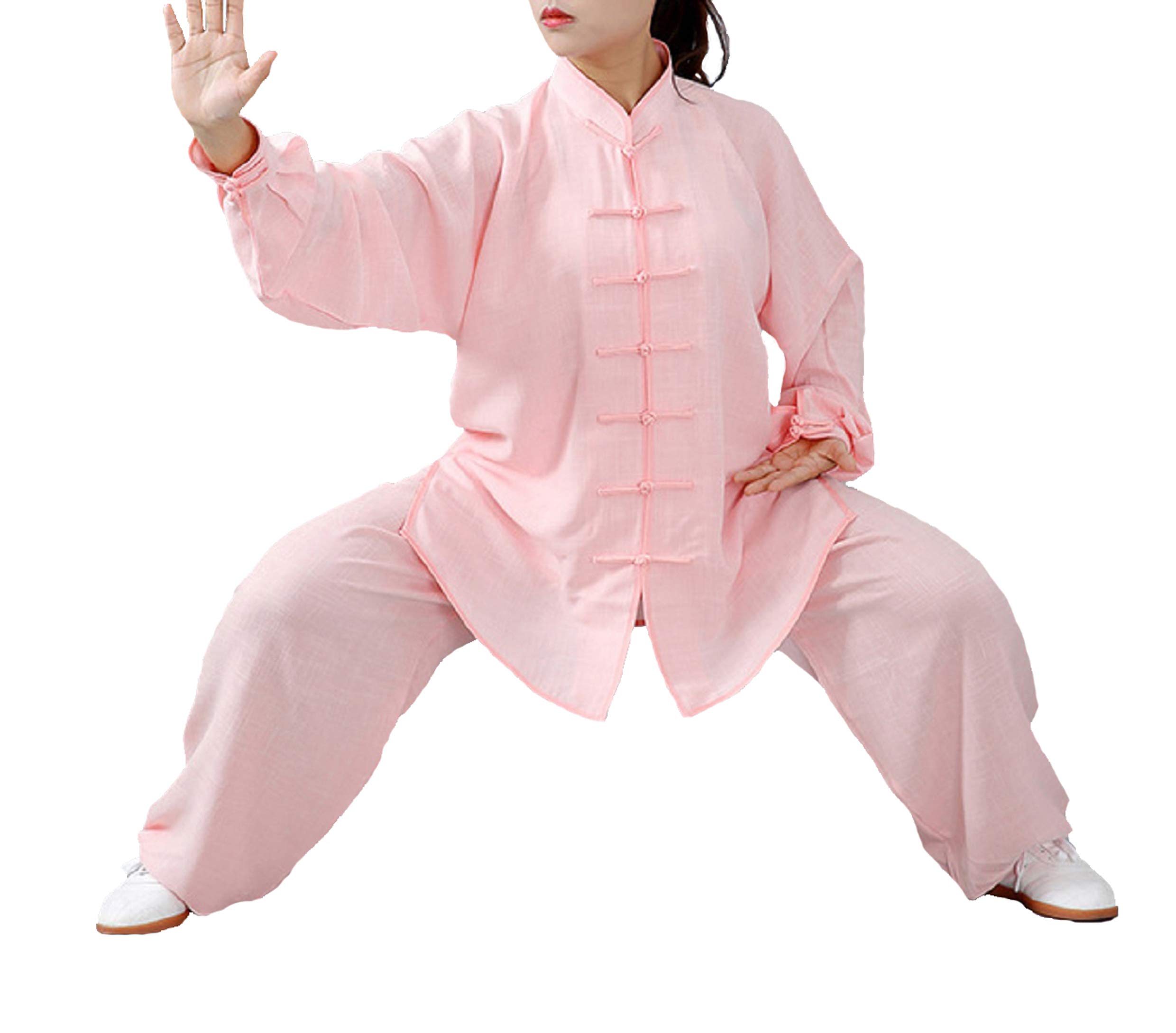 FUYUFU Algodón y Lino Traje de Tai Chi Unisex Ropa de Artes Marciales Kung-fu Disfraz para Hombre y Mujer (un Conjunto) (Rosa, M)