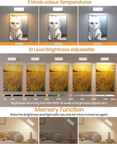 Miniatura 8 de Juego de 2 apliques de pared recargables que funcionan con pilas, lámparas de noche montadas en la pared, extraíbles con rotación de 360, luces de