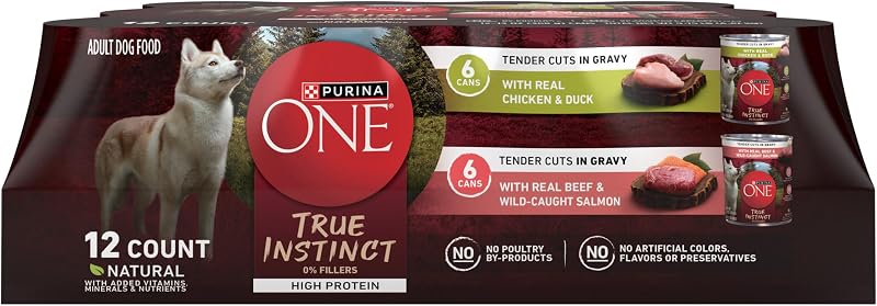 Ração úmida Purina ONE True Instinct para cães adultos, cortes macios com frango e pato ou carne bovina e salmão, pacote com 12 latas de 369 g