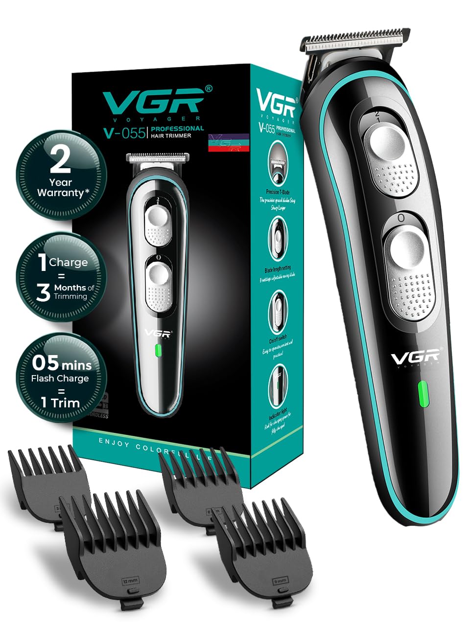 VGR V-055 Professional Hair Trimmer for Men | 4 Guide Combs, Corded & Cordless, Adjustable Blade | Beard & Hair Grooming | USB Charging with 120 Min Runtime - Black