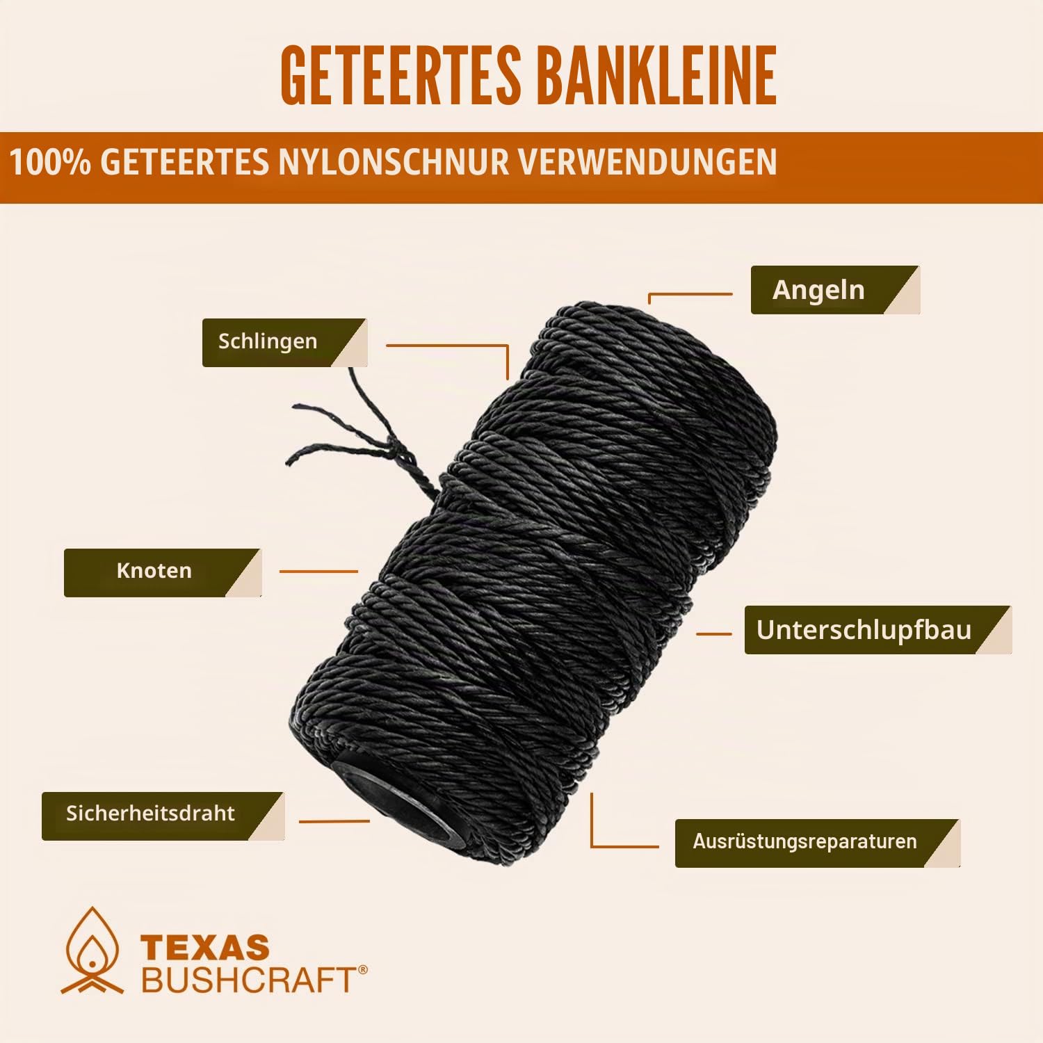 Texas Bushcraft Tarred Bankschnur-Schnur – #36 Schwarze Nylonschnur zum Angeln, Camping und Überleben im Freien – Starke, wetterbeständige Bankschnur-Seil für Trotline (1/4 Pfund, gedreht)
