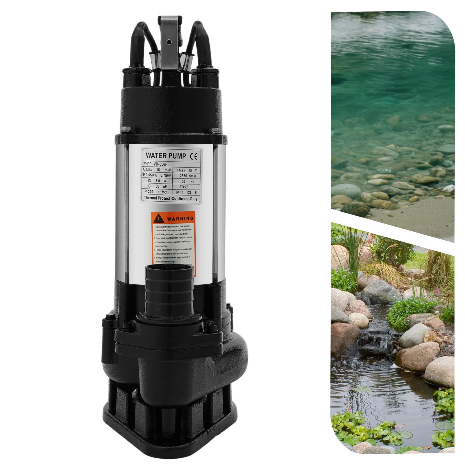 Bomba sumergible para aguas residuales, 550 W, acero inoxidable, con interruptor de flotador y mecanismo de corte, caudal de 18 m³/h, altura de extracción de 15 m, 2850 rpm, salida de 2 pulgadas, para