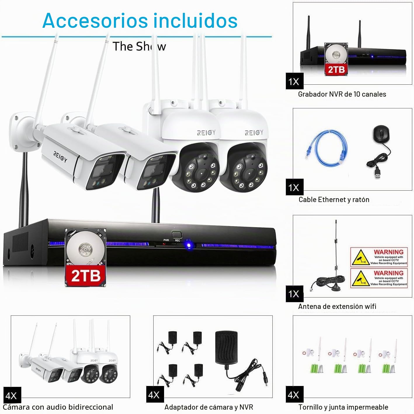 REIGY 10CH 5MP Sistema de Seguridad WiFi Exterior 2TB HDD, Kit Camara de Vigilancia IP, 4X 1920P Camara(2X PT CAM), Visión Nocturna Colorida Detección Movimiento Audio Bidirectionnel