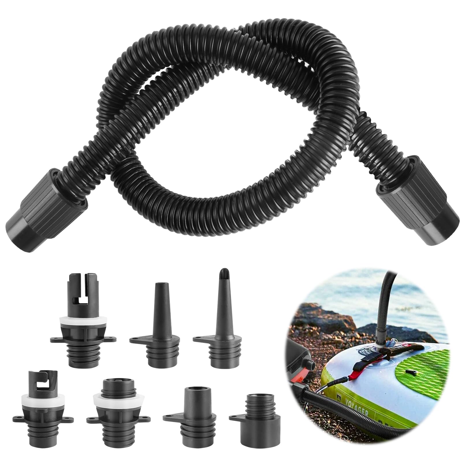 Kit Adaptateur Pompe SUP Avec 7 Buses Universelles - Tuyau Air Compatible Pompes Électriques Pour Paddle Et Bateaux Gonflables