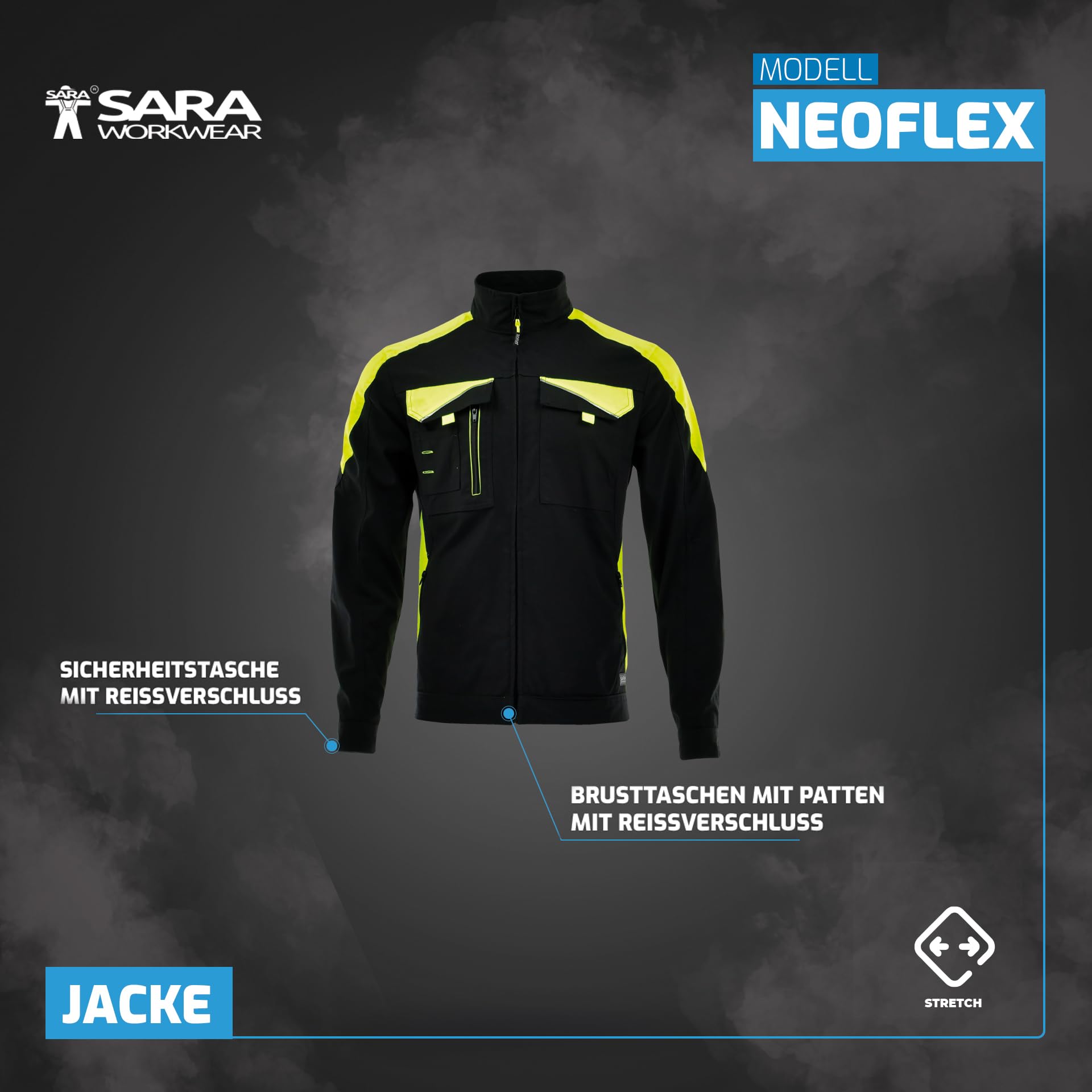 SARA Arbeitsjacke Herren - Arbeitskleidung Herren mit Stretch - Multifunktionale Bundjacke mit Reflektierenden Elementen - Arbeitsbundjacke für alle Jahreszeiten Gr.46-64