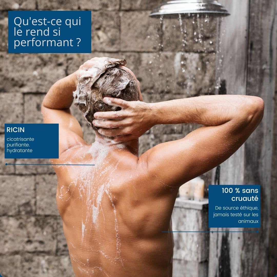 ROSEBAIE MEN | Duo Corps et Cheveux Ricin Kératine Probiotiques | Shampoing Homme Antichute Antipelliculaire 250ml | Gel Douche Fraîcheur Parfum Boisé 250ml