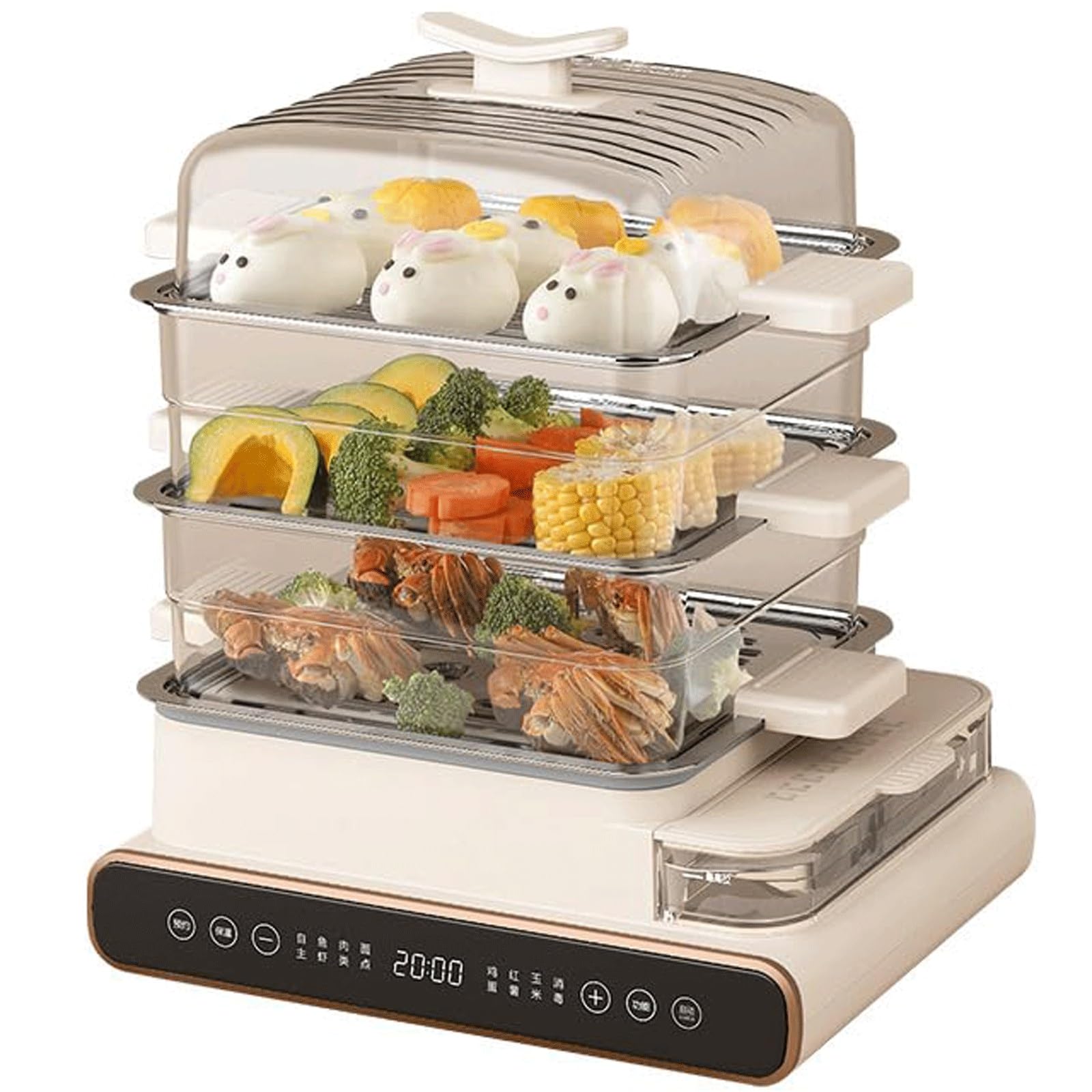 Vaporiera elettrica a 3 livelli, multicooker da 20 litri, con touch screen e timer 24 ore, vapore rapido 5 secondi, serbatoio dell'acqua, protezione contro l'ebollizione for casa, cucina, carne
