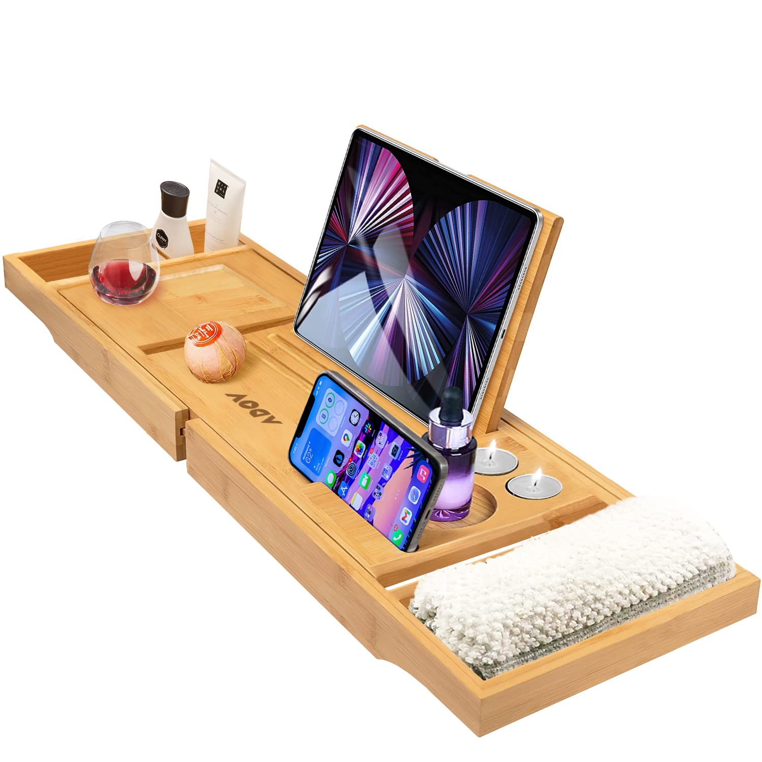 ADOVBath Tray, Extendable Luxury Home Spa Natural Bamboo Wood Bathtub Shelf Board with Built-in Holder for Book iPad Tablet Phone Glass Candle, Adjustable Bath Caddy Bridge Fits Most Bathtub Sizes