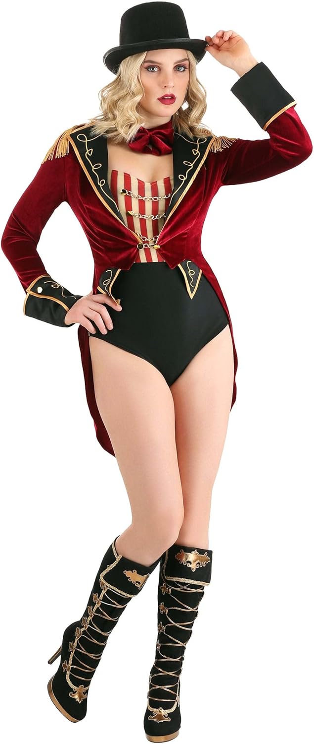Women's Dark Circus Ringmaster Costume | Red Ring Master Jacket & Top Hat | Ring Leader Lion Tamer Costume