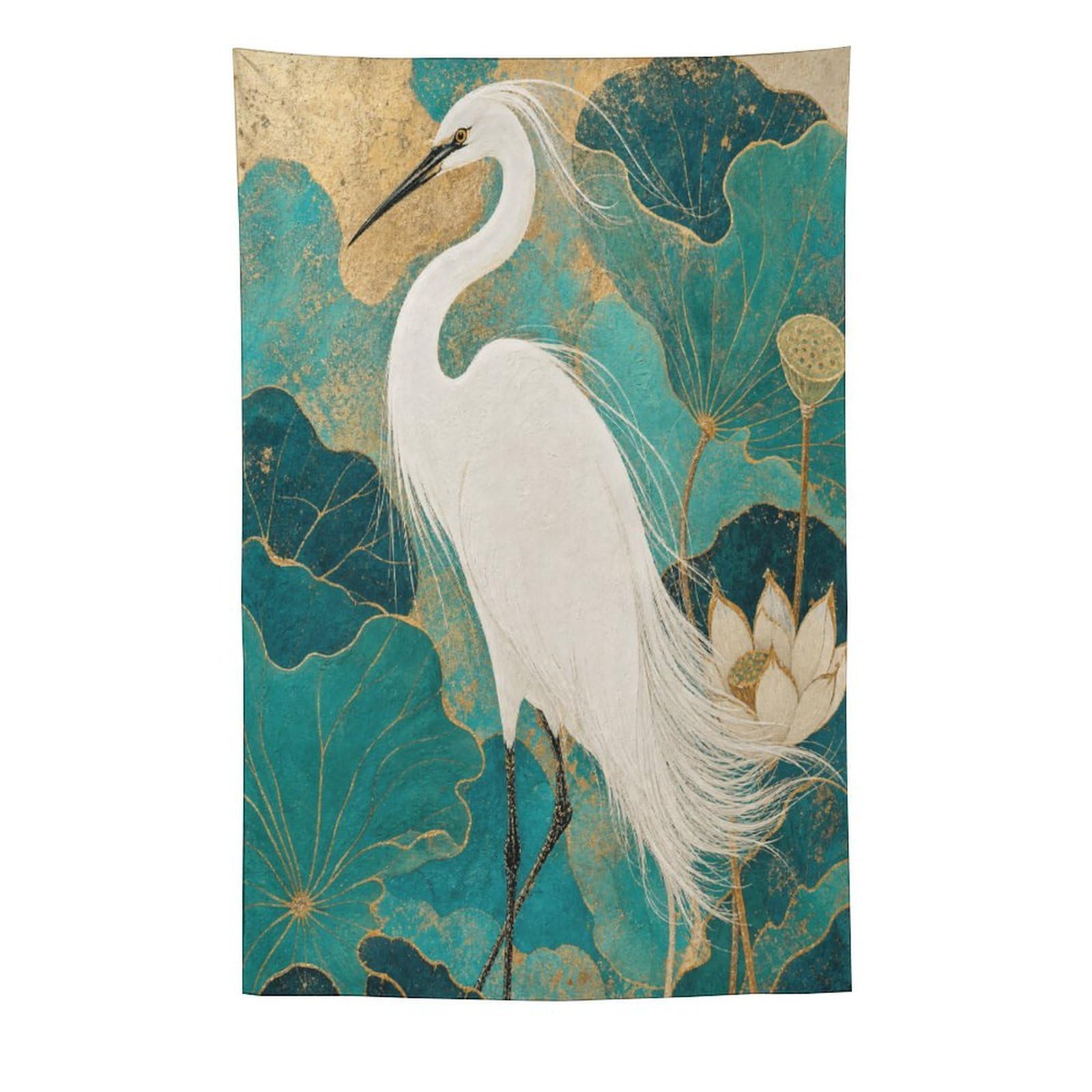 W7C8U2X3 White Egret and Lotus Wall Tapestry, Asian Ink Style, College Dorm