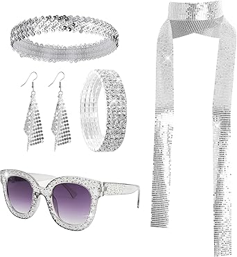 5 Pcs 70s Disco Accessories Women Disco Costume Set Disco Sequin Scarf Headband Diamond Bracelet Earrings Sunglasses