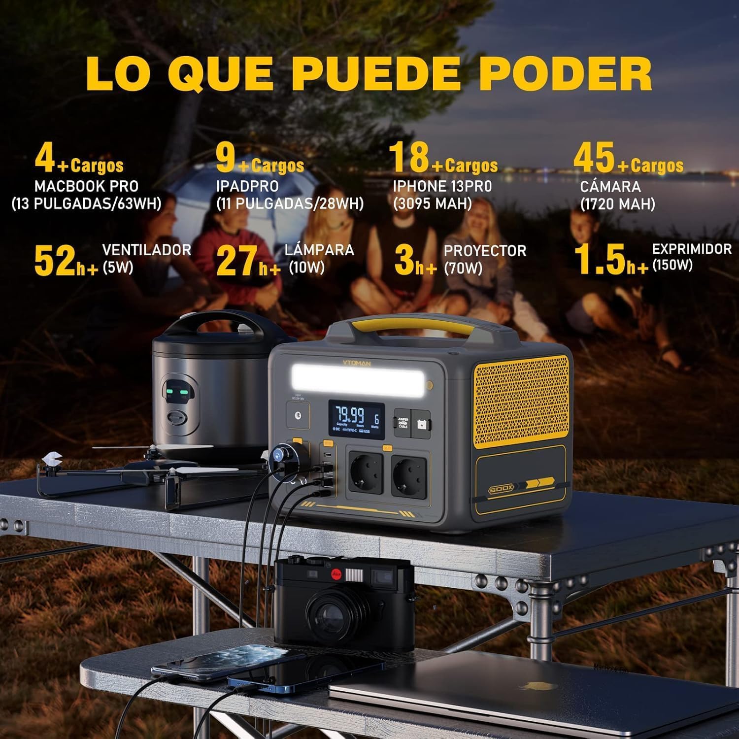 VTOMAN Jump 600X 299Wh Generador Solar, 600W Salida de CA para Apagones | LiFePO4 Batería, Arranque de Coche, Potencia Pico 1200W, LED Linterna, Capacidad Ampliable a 939Wh, Acampadas, Jardín y RV