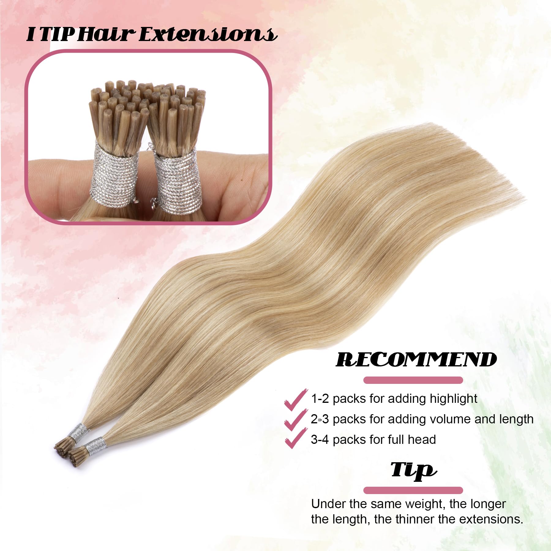 Kun Na I Tip Hair Extensions 50g/pack Pre Bonded Stick Tip Keratin Real Remy Human Hair Extension Straight (#18/613, 20 inch) - Image 4