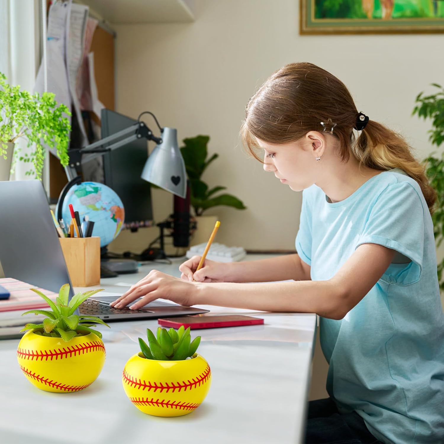 6 Pcs Softball Ceramic Theme Planter Decorations Sports Themed Home Office Table Flower Pots Decorations with Drainage