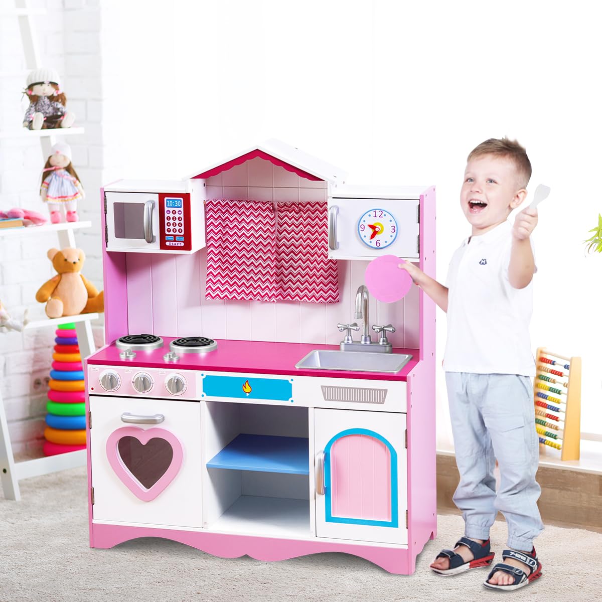 COSTWAY Cucina Giocattolo per Bambini in Legno, Cucina per Bambini con Forno, Microonde, Stufa a Gas, Lavello e Rubinetto, per 3 Anni+
