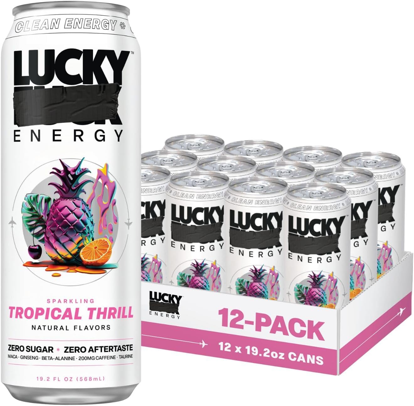 Lucky Energy Sugar Free Energy Drinks, Tropical Thrill, 16oz Cans (12-Pack) Healthy, Zero Sugar Energy Drink with Maca, Ginseng, Beta-Alanine, Taurine & 200mg Caffeine