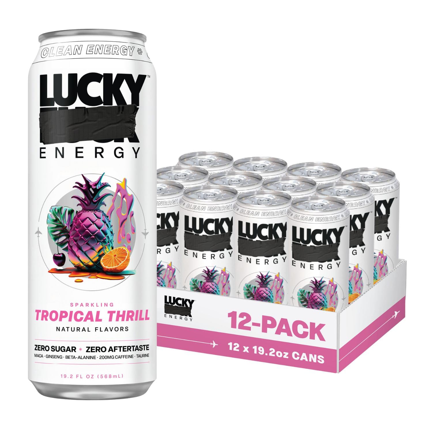 Lucky Energy Sugar Free Energy Drinks 19.2 Fl Oz Cans (Pack of 12) Healthy Energy Drink. Tropical Thrill with Maca, Ginseng, Taurine, Beta-Alanine, 200mg Caffeine (Packaging May Vary)