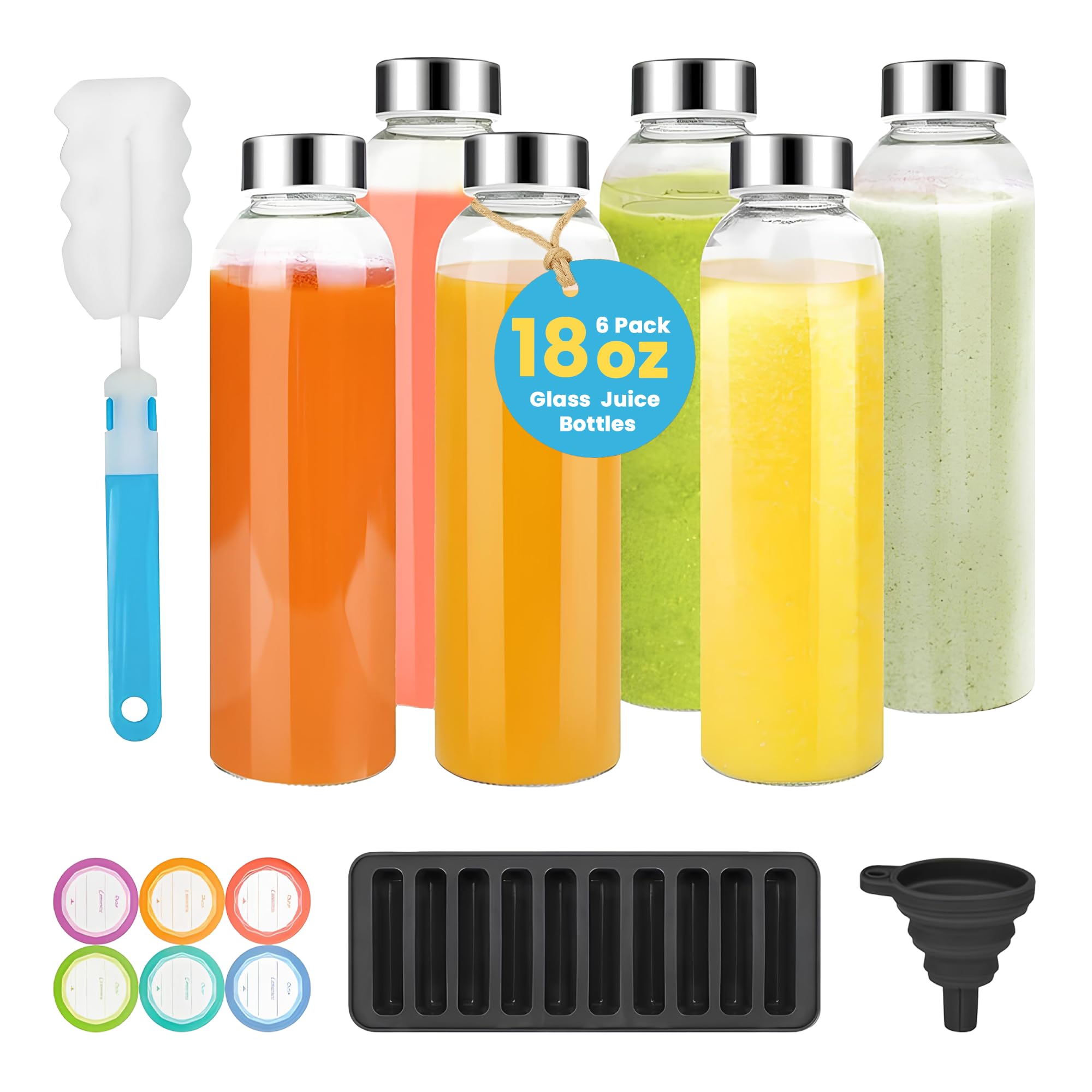 PROBTTL 18 oz Glass Juice Bottles with Lids – Refillable Clear Glass Water Bottles with Stainless Steel Airtight Caps, Dishwasher Safe, Reusable