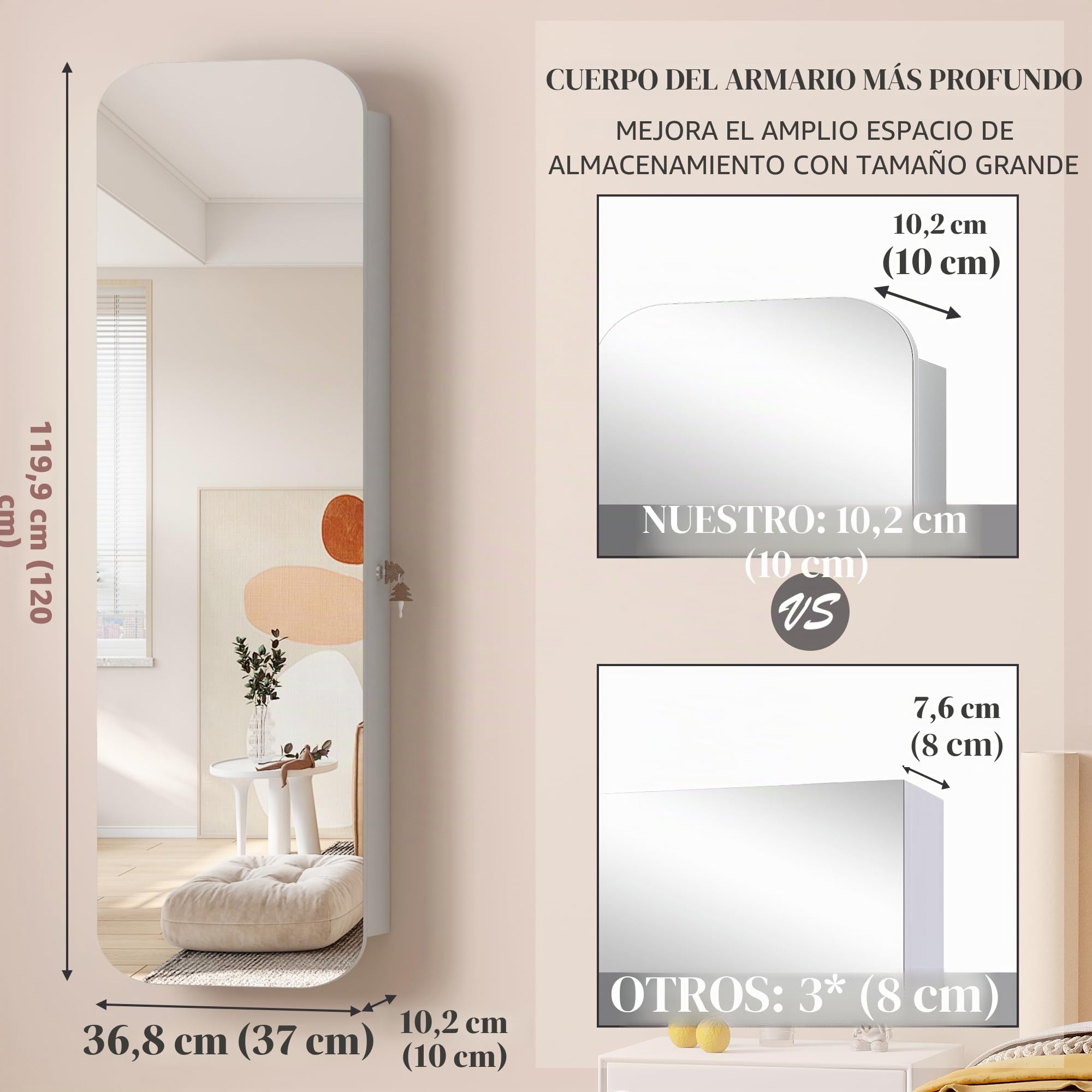 Vlsrka Oval Armario Joyero con Luz, LED Armario Espejo Joyero de pared, Espejo joyeros de puerta con Cerradura, Armario Espejo colgante Con luces, Ovalado Espejo joyeros, Regalo mujere, Blanco