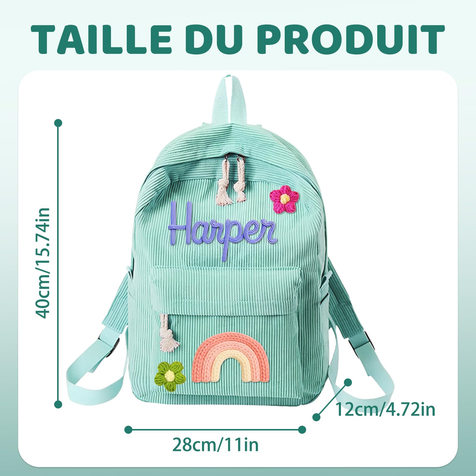 Sac à Dos Enfant Personnalisé en Velours Côtelé avec Prénom Brodé – Cartable Maternelle à Cordon en Coton, Sac Monogrammé pour Fille et Garçon, Idée Cadeau Rentrée Scolaire (Style 1)