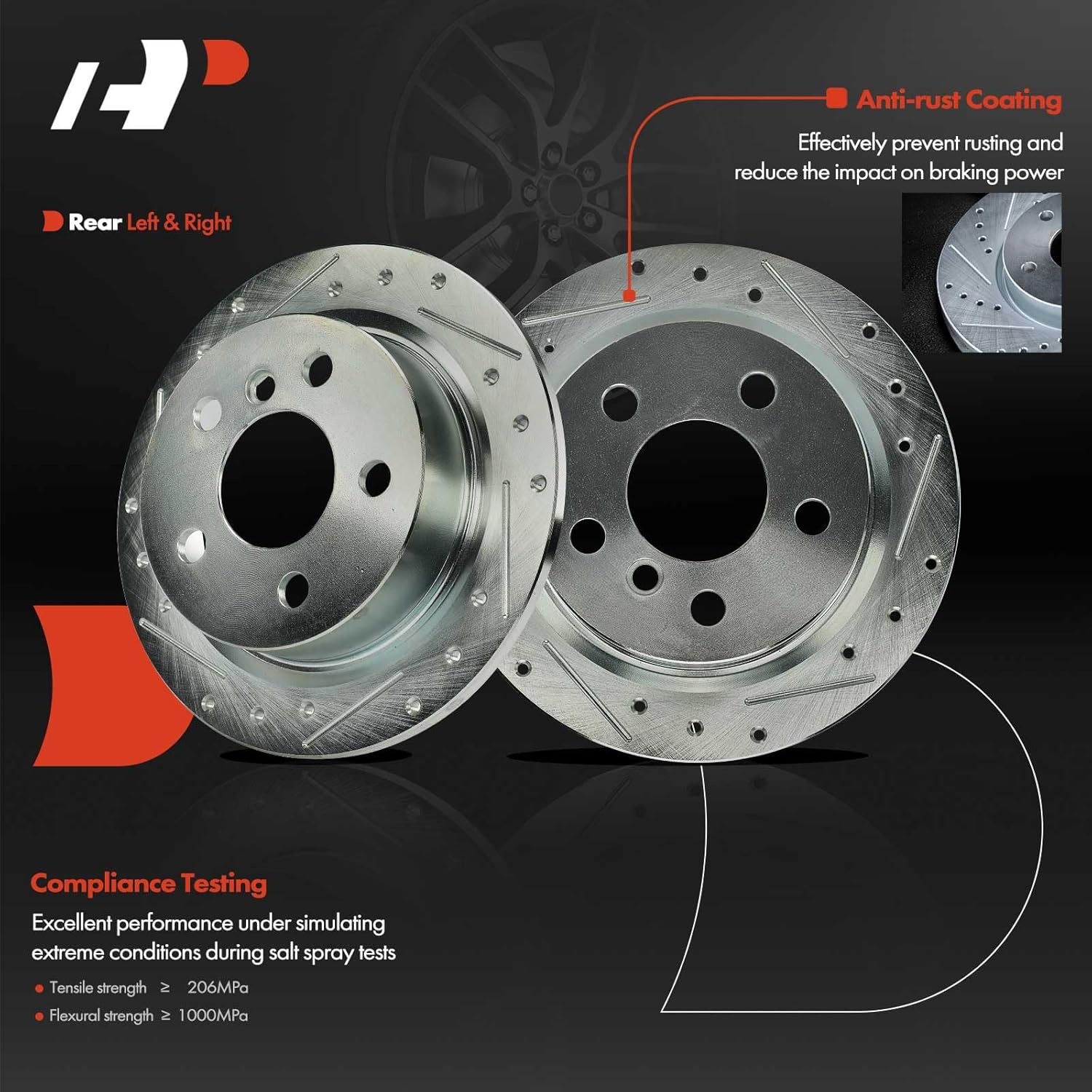 A-Premium 10.20 inch (259mm) Rear Drilled and Slotted Disc Brake Rotors + Ceramic Pads Kit Compatible with Select Mini Models - Cooper 2015 2016 2017 2018 2019, 6-PC Set