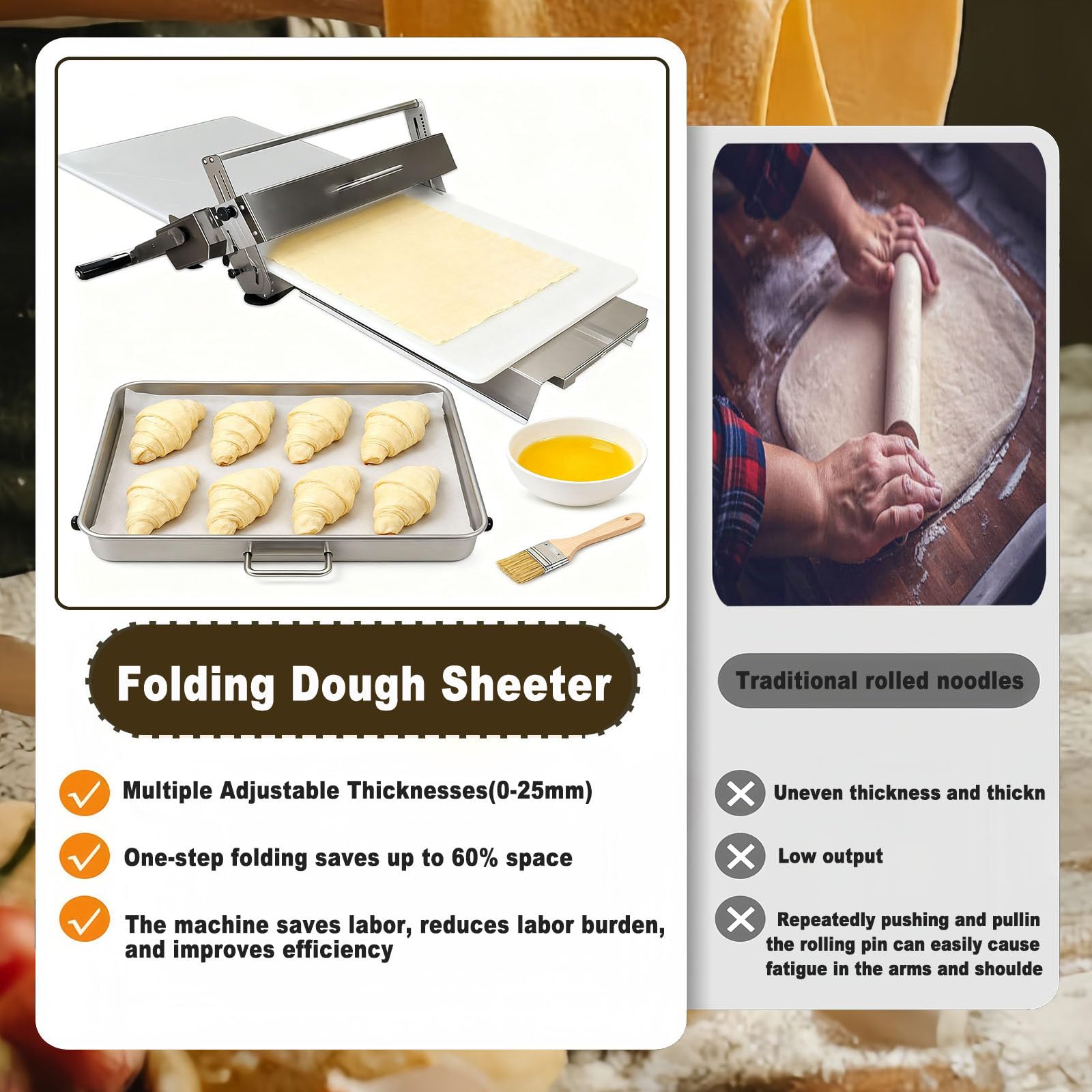 Sfogliatrice manuale per panetterie e pasticceria, efficiente rotolamento e piegatura per croissant, pizza e pasta sfoglia