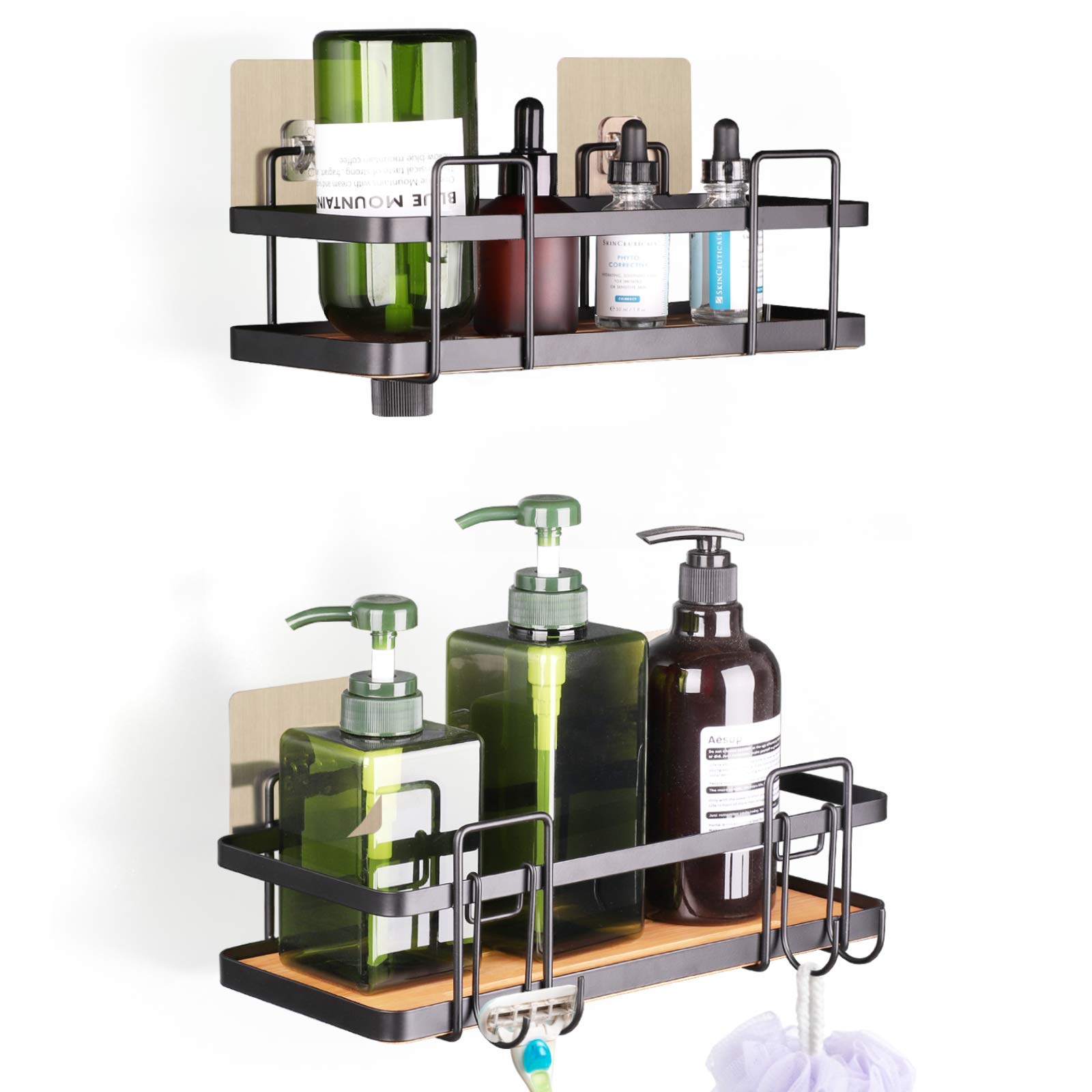 Keebofly Shower Caddy Organizer Shelf with Hooks,2 Pack, Rack Self Adhesive Hanging,Rustproof Bamboo Basket,No Drilling Storage Holder for Bathroom Kitchen Black