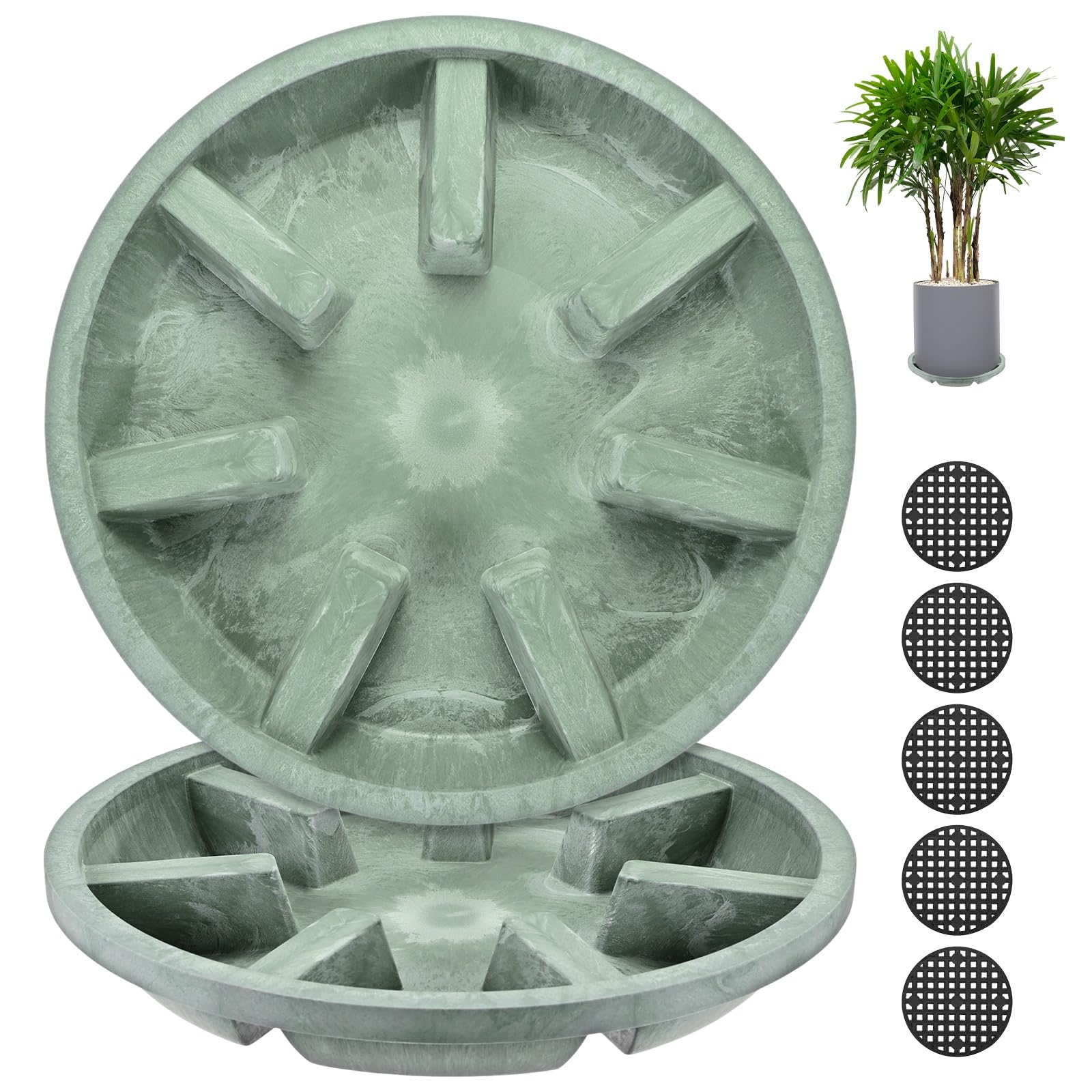 M METERXITY 2-Pack Plant Saucer, 10.04 Inch/25.5 cm Plastic Plant Trays Thicker for Pots/Indoor/Outdoor/Water Drainage and Protection, Flowerpot Drip Tray [Green Veins]