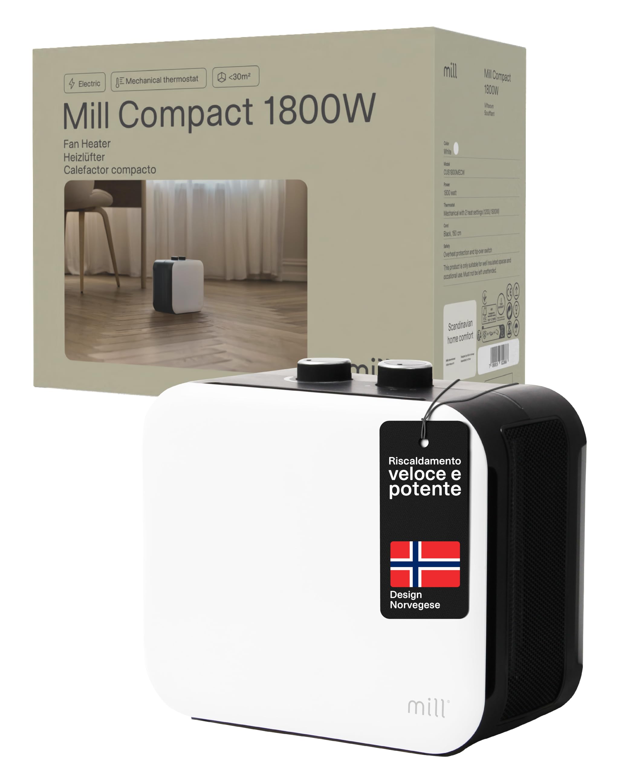Mill Termoventilatore Portatile Compact 1800W, Stufa Elettrica in Ceramica PTC per 5–30 m², MEC, Riscaldamento Rapido, Silenzioso, Bianco, Design Norvegese