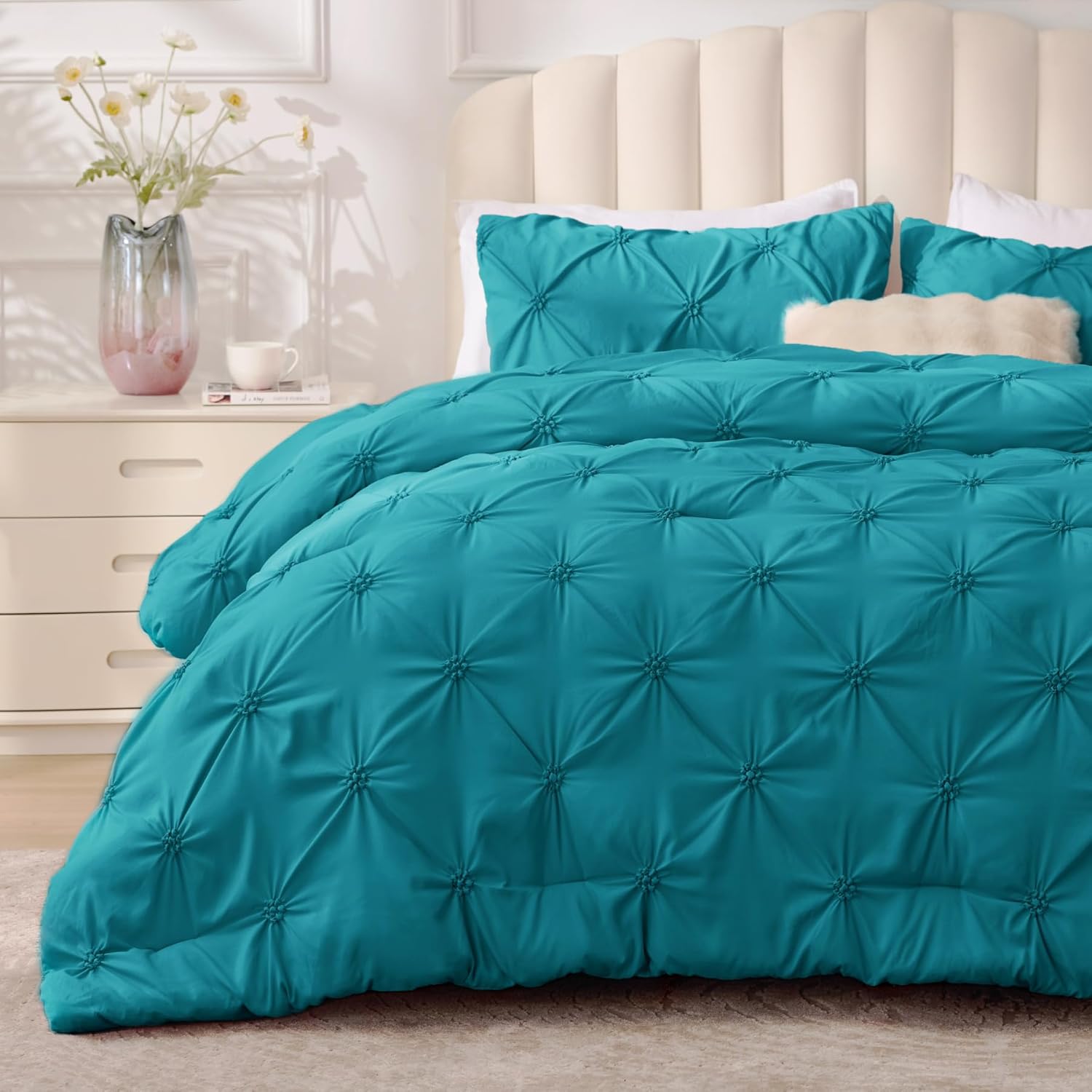 BEDELITE Teal King Size Comforter Set - 3 Pieces Boho Pintuck Bedding Comforter Sets, Lightweight Soft & Warm King Bedding Set with 2 Pillowcases for All Season