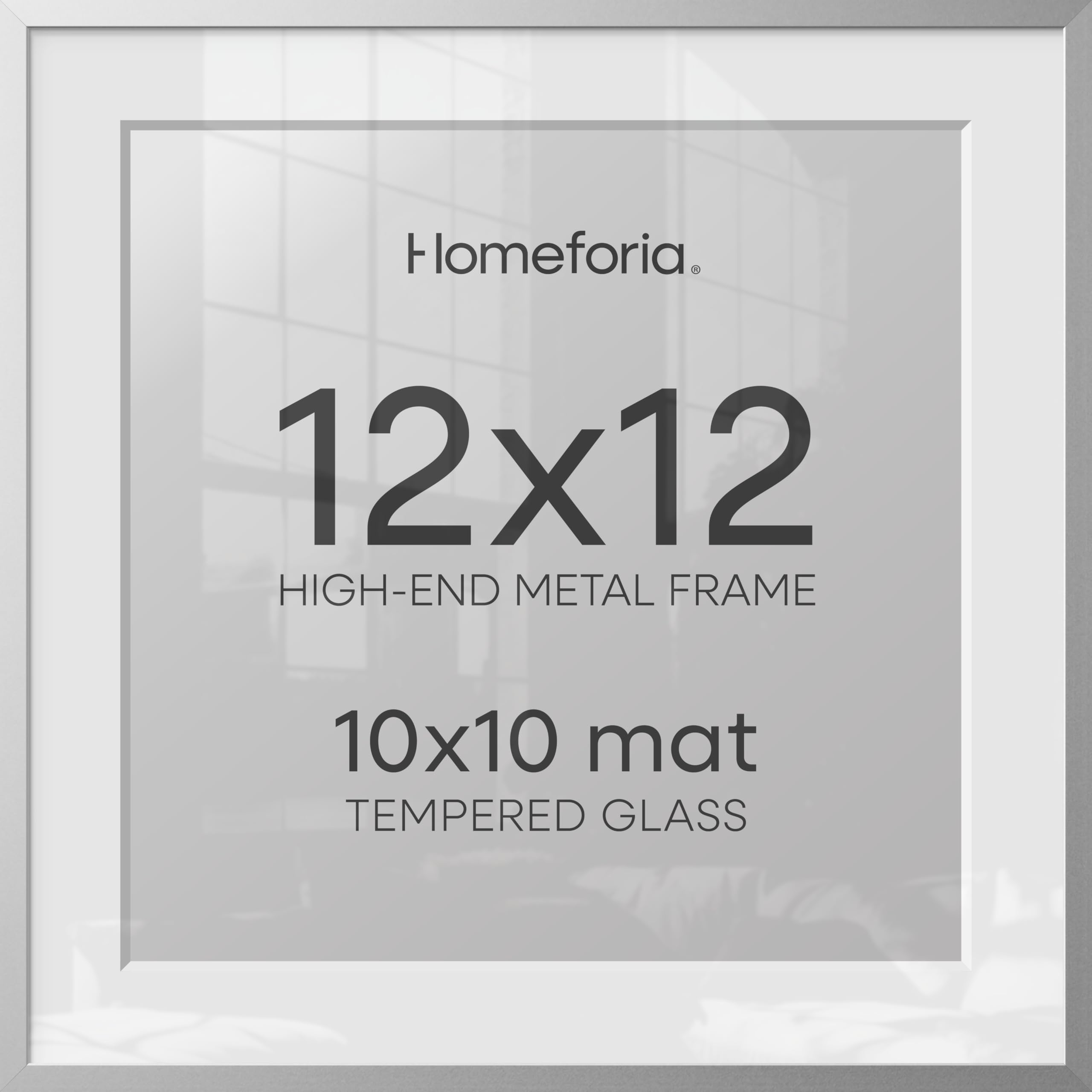 Homeforia 12x12 Silver Picture Frame, High-End Metal, 10x10 Mat, Glass | High End Aluminum, Tempered Glass, Acid-Free 10x10 Removable Mat, 12x12 in Edge-to-Edge Display 12x12, Wall Kit, Set Of 1