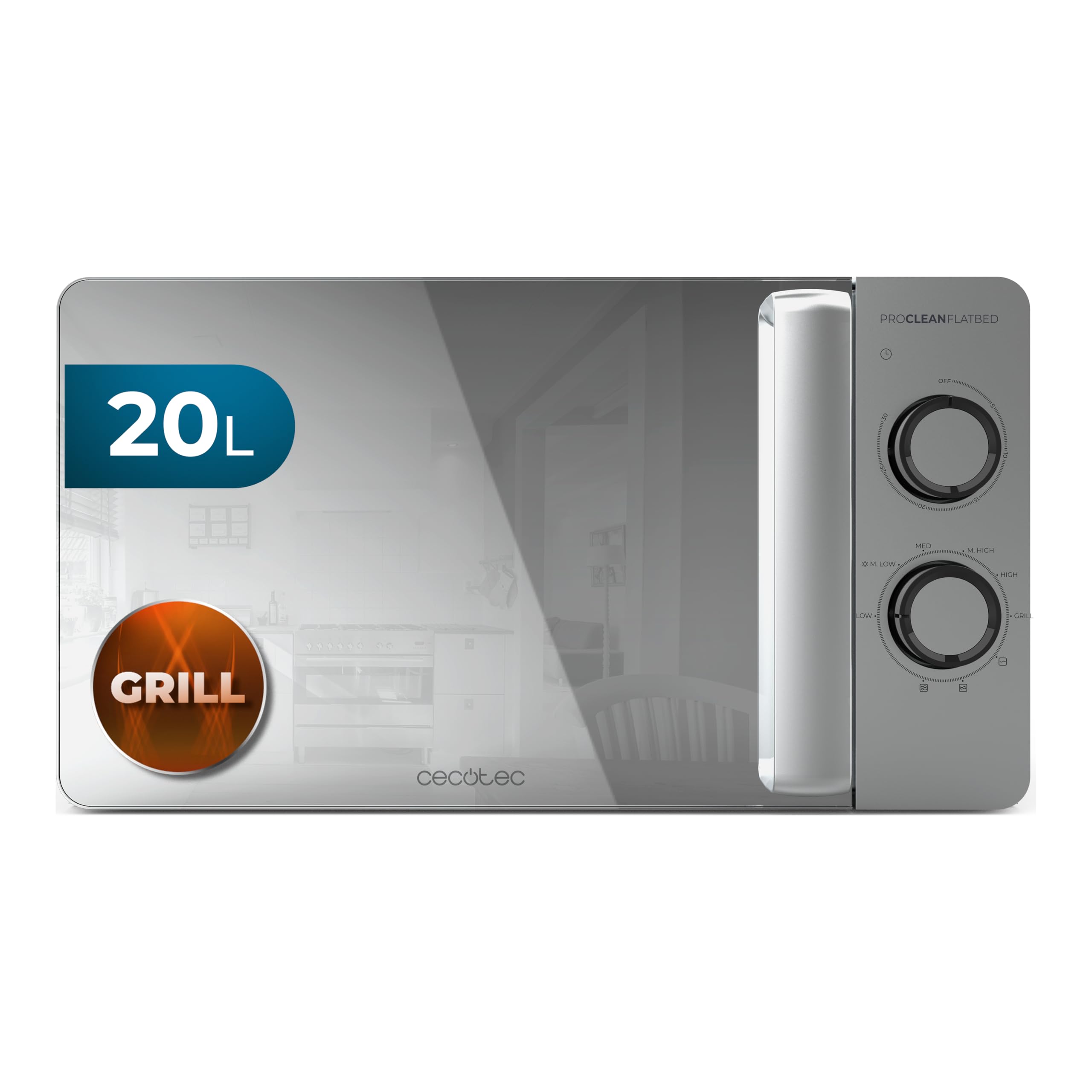 Cecotec Mikrowelle mit Grill Mikrowelle mit Grill Proclean 3160 Flatbed Mirror. 20 l, 700 W, 6 Stufen, 800 W Grill, Spiegel- und Metalldesign, mit 3DWave-Technologie für gleichmäßiges Garen und Gold