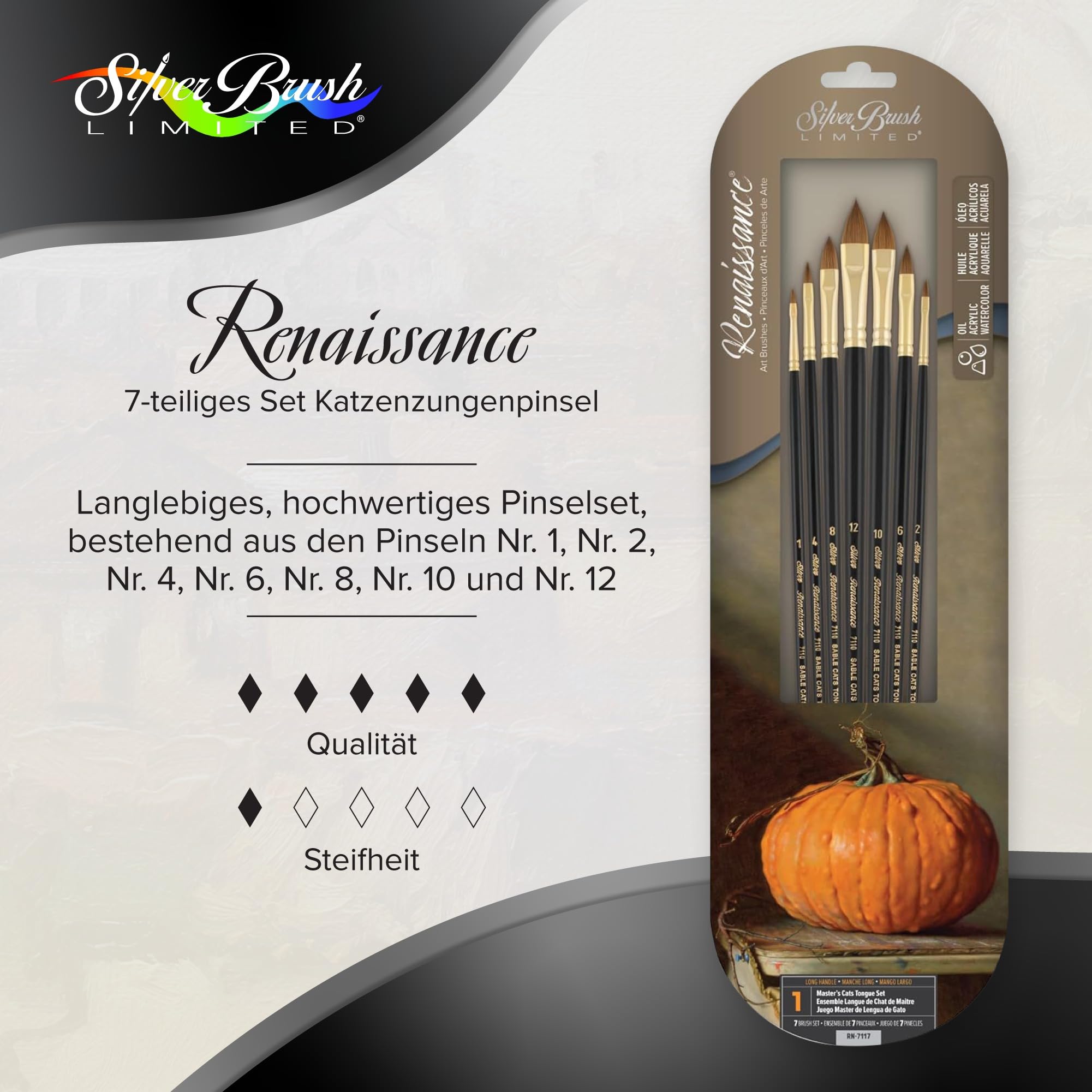 Silver Brush Limited Renaissance Katzenzungenpinsel für Aquarell und Öl, Größen 1, 2, 4, 6, 8, 10 und 12, Künstler Pinsel mit Langem Griff, 7-Teiliges Pinselset