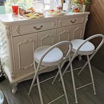 Folding Bar Stool with Footrest,Leather Padded Folding Kitchen Stool,Portable Counter Height Foldable Stool Tall Bar Stools for Outdoor Kitchen Shop Cafe(1 Pc, White Seat Height 29.5)
