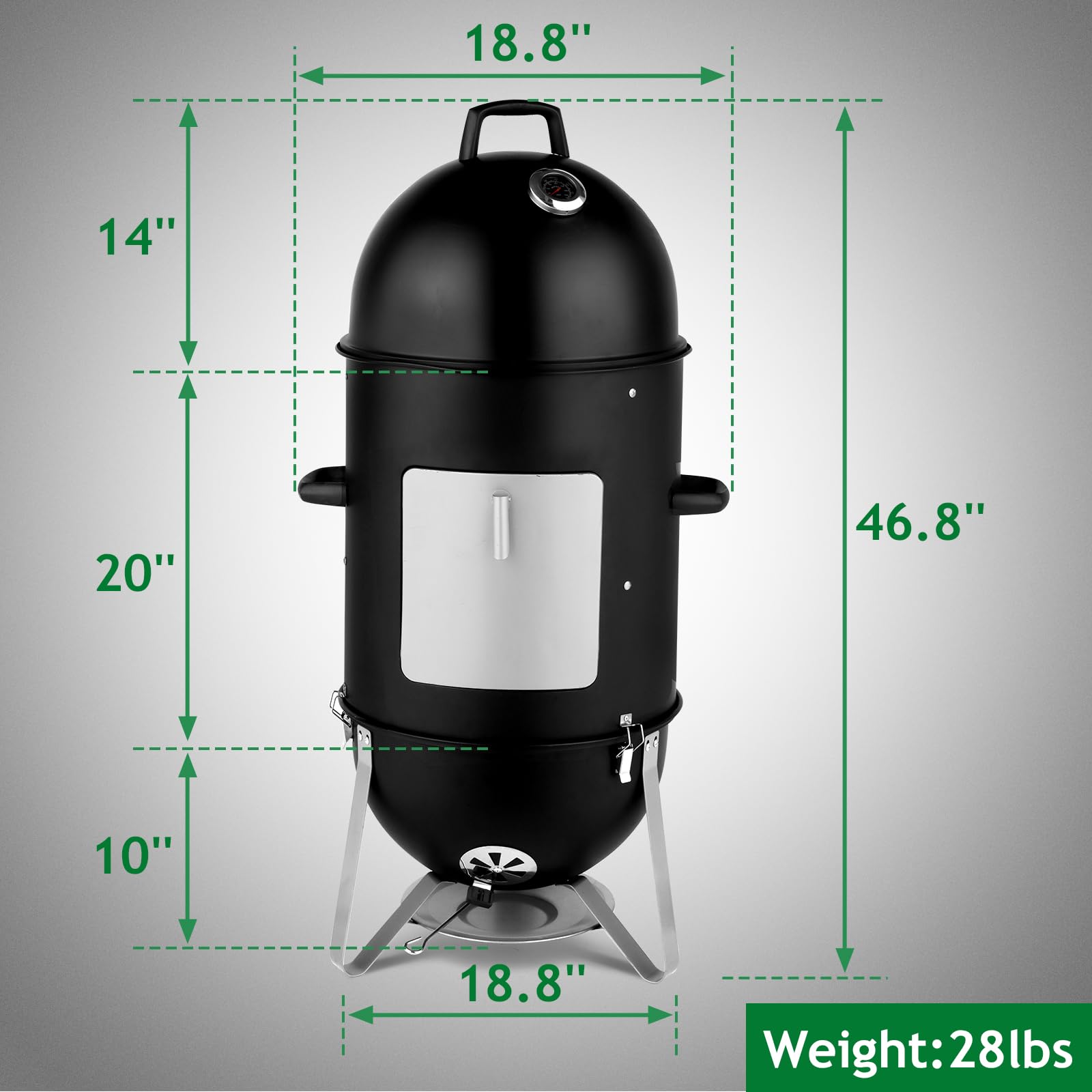 Vertical Steel Charcoal Smoker, 18 Inch Multi-Layer Charcoal BBQ Smoker Grill, Heavy Duty Three Layer Round BBQ Grill for Outdoor Cooking, Black