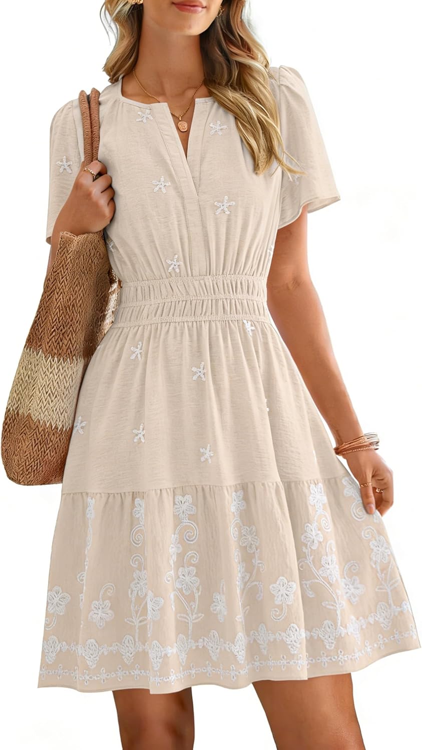 Simplee Womens Summer Mini Dress V Neck Short Sleeve Embroidery Wedding Guest Dress A Line Boho Dress with Pockets