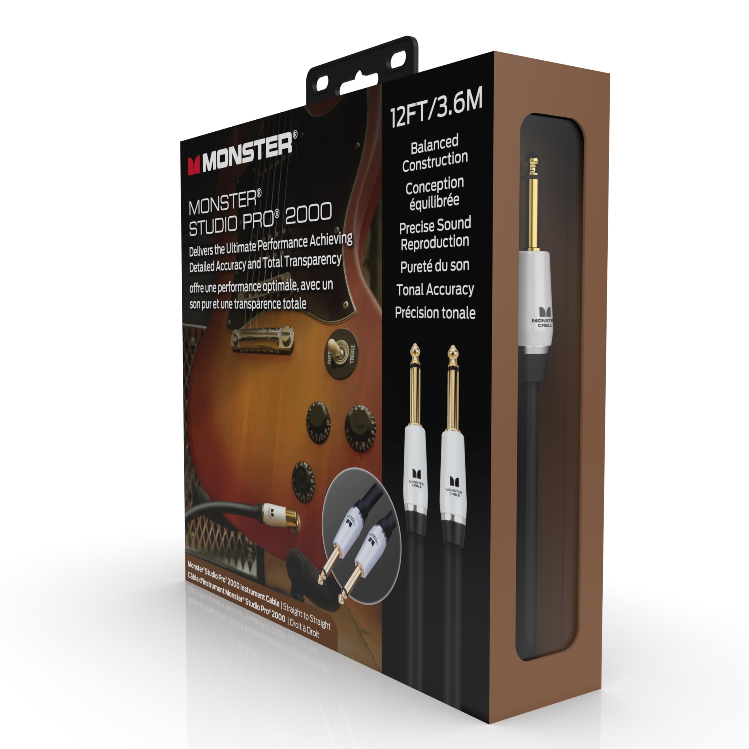 Monster Prolink Studio Pro 2000 - Cavo per strumenti da 3,7 m dritto a dritto, corda per chitarra elettrica intrecciata in rame 95%, rivestimento protettivo Duraflex con contatti in oro 24k
